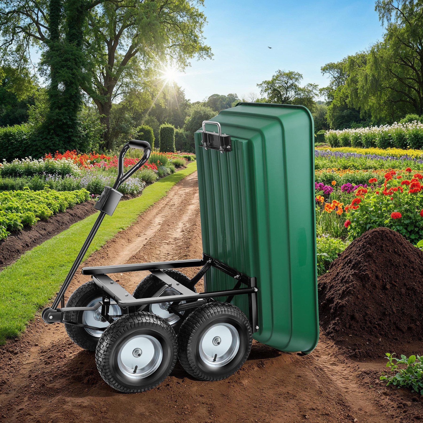 tectake Bollerwagen Handwagen Tummi mit luftgefüllten Reifen Belastbarkeit 300kg (1 Transportwagen, 1-tlg., 125L Volumen in Grün), mit Kippfunktion