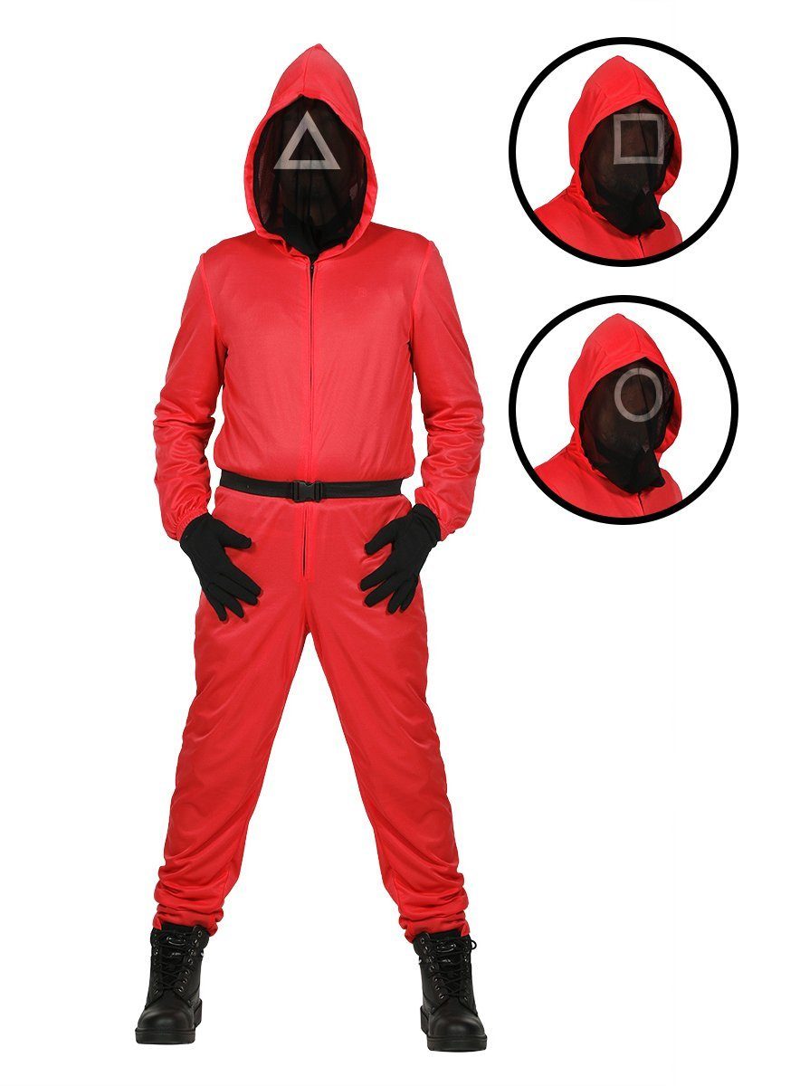 Metamorph Kostüm Squid Game Aufseher Overall Faschingskostüm Kinder, Roter Kinderoverall mit eingearbeiteter Maske der Aufseher aus der kor