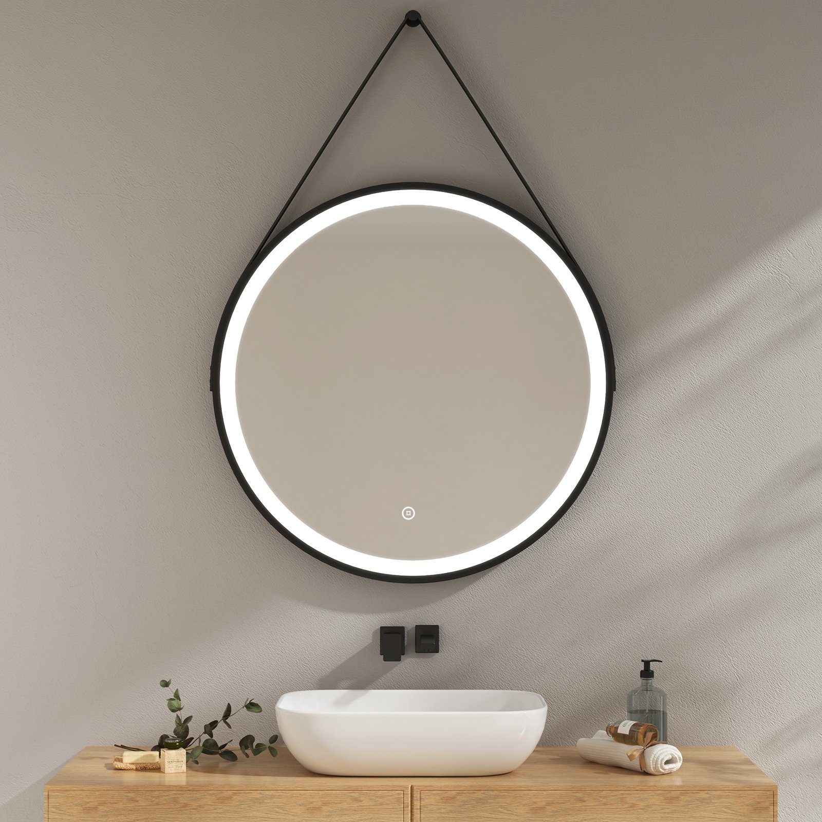 EMKE Badspiegel Badspiegel Rund mit Beleuchtung Badezimmerspiegel mit schwarzem Rahmen, Kaltweißes Licht Intelligenter Touchschalter mit schwarzem Rahmen
