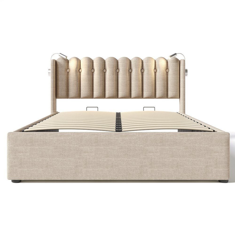 Polsterbett (Hydraulisches Stauraumbett mit Lattenrost), Doppelbett 160x200cm mit Leselicht, Ladefunktion und Matratze, Leinen