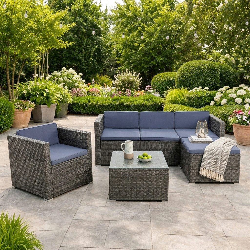 ESTEXO Sitzgruppe Rattan Lounge Gartenmöbel Set Sofa Couch 5-Sitzer Rattanmöbel Grau