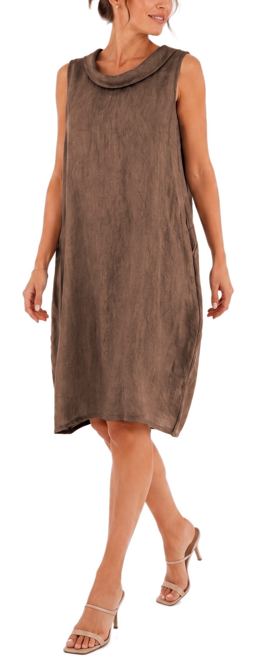 dy_mode Midikleid Damen Leinenkleid Luftiges Midi Sommerkleid Ballonkleid Strandkleid in Unifarbe, Wasserfallkragen, mit seitlichen Eingriffstaschen