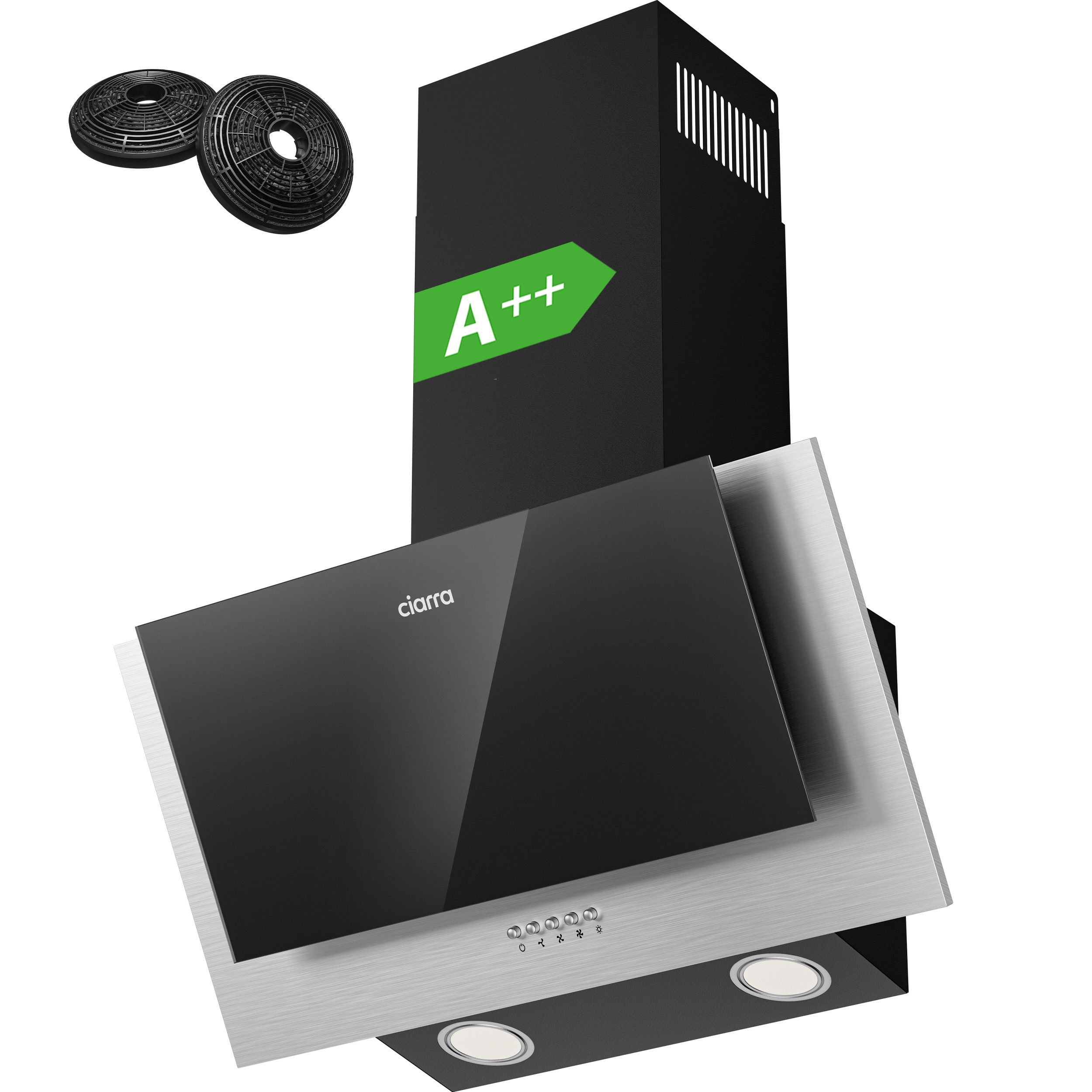 CIARRA Kopffreihaube 60 cm Dunstabzugshaube A++ 350m³/h Abluft & Umluft CBCB6736C 60 cm Dunstabzugshaube A++ 350m³/h Abluft & Umluft CBCB6736C, Leise Schräghaube mit 2 Kohlefiltern, 3 Stufen & LED-Beleuchtung