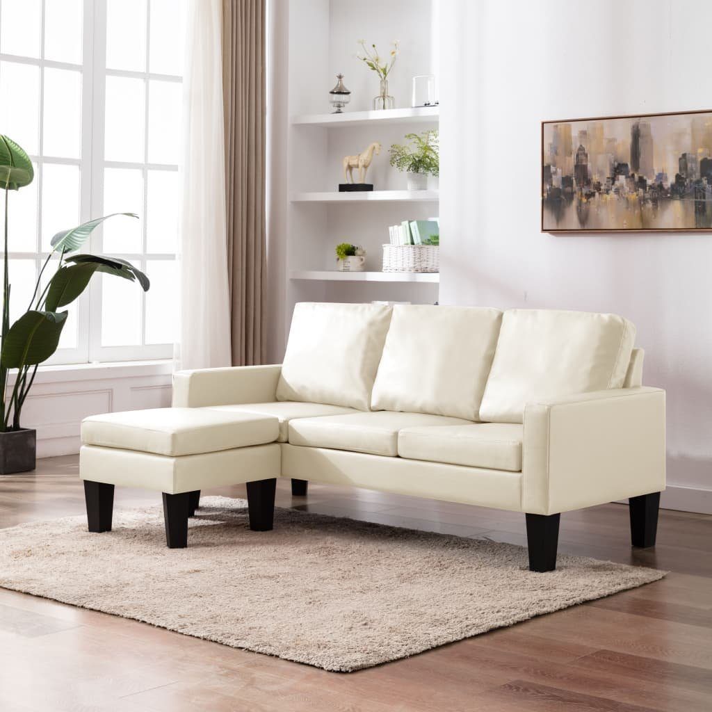 vidaXL Sofa 3-Sitzer-Sofa mit Hocker Creme Kunstleder