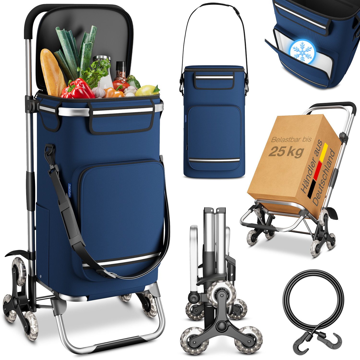 ELONEO Einkaufstrolley Treppensteiger, mit separater Kühltasche, klappbar, 43 l, 3+3 Rad-System, abnehmbare Tasche mit Schultergurt, extrem leicht