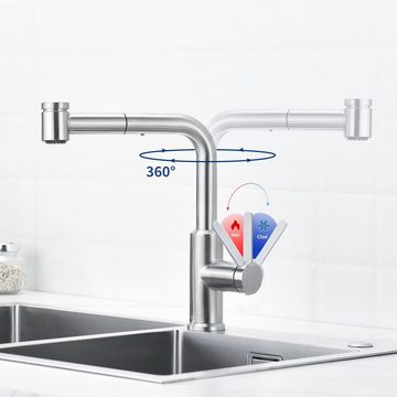 CECIPA pro Küchenarmatur ausziehbarer Küchenspülenhahn Edelstahl-Wasserhahn 2 Strahlarten (Hammerförmiger Küchenhahn, 1-St., Drücken, um den Wasserauslass umzuschalten) 360° drehbar Gebürstete