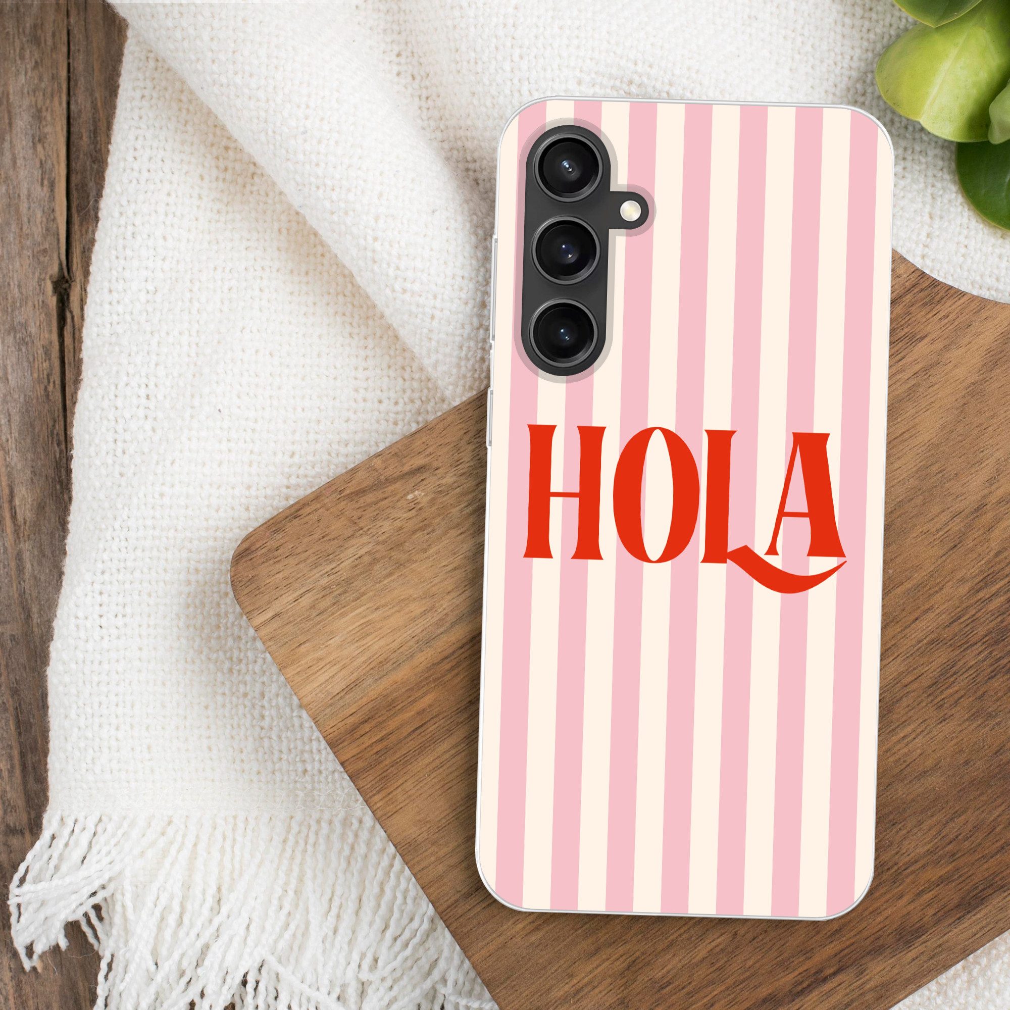 MuchoWow Handyhülle für Samsung Galaxy S23 FE Hola - Zitat - Streifen - Pastell - Rosa - R
