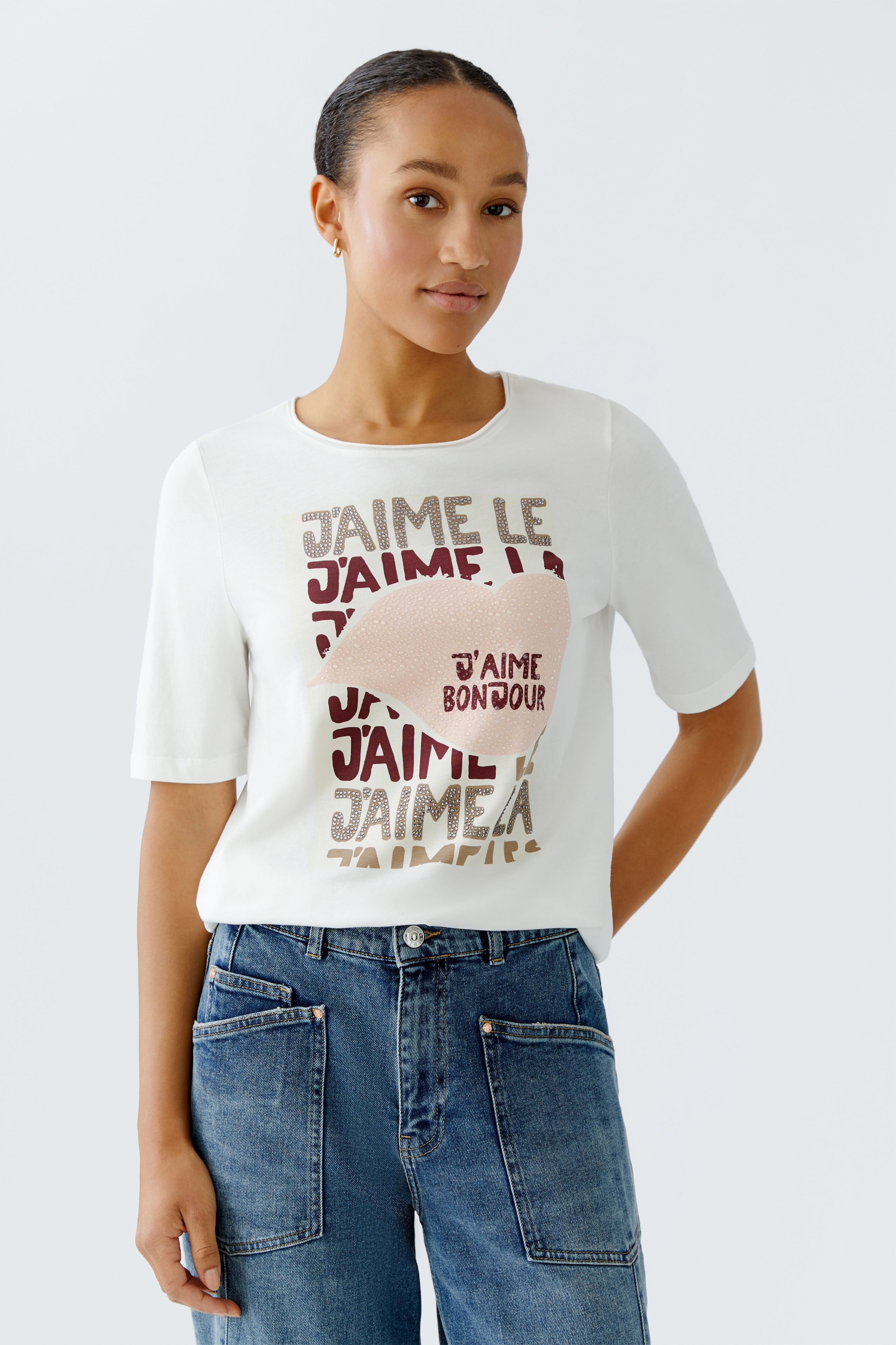 Oui T-Shirt Oui T-Shirt reich mit tonigen Ziersteinchen dekoriert (1-tlg)