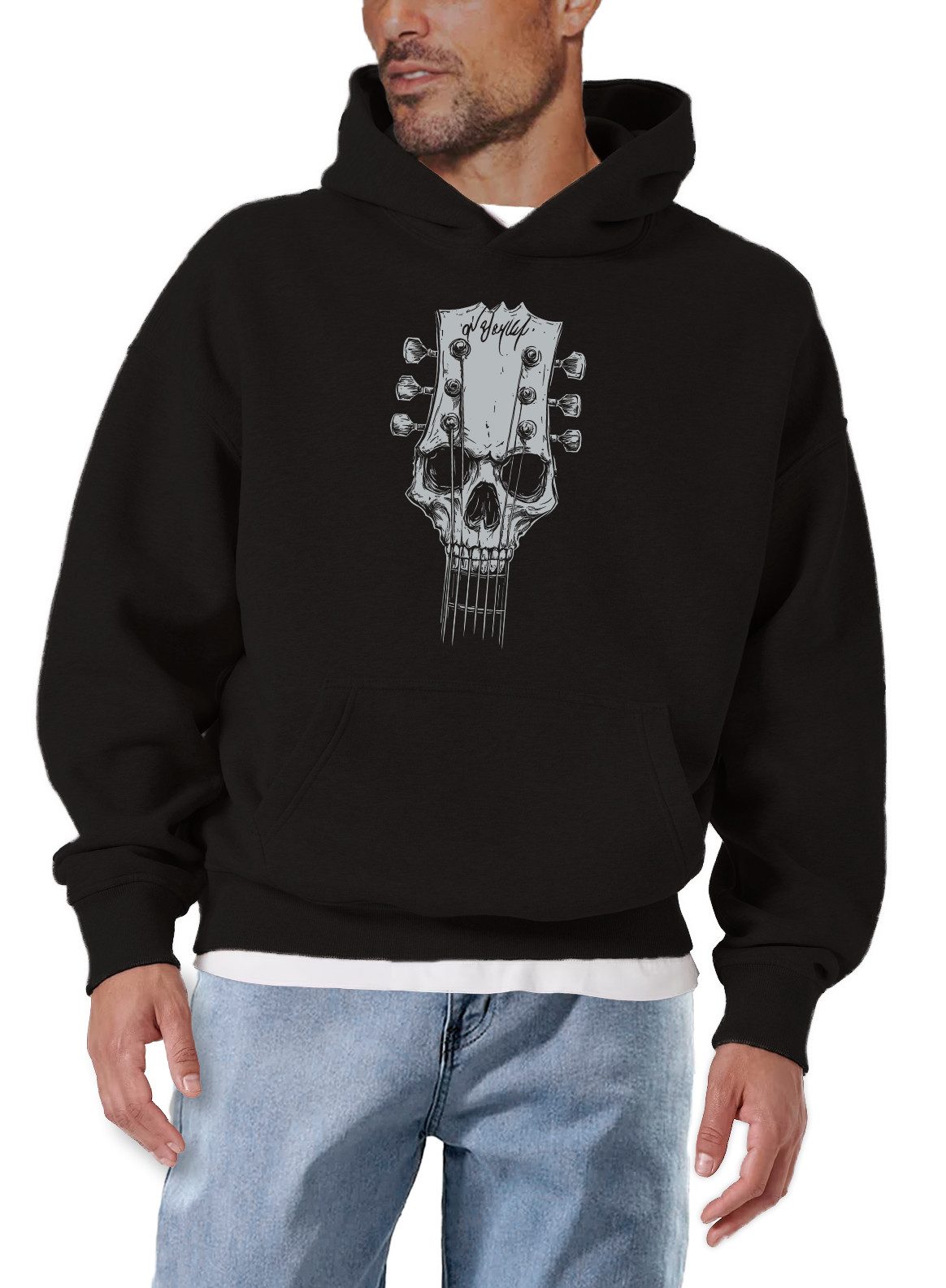 MAKAYA Kapuzenpullover Rock Hoodie für Gitarristen mit Skull Motiv – Festival Look Herren (Schwarz, S, M, L, XL, XXL, XXXL, XXXXL) Baumwolle