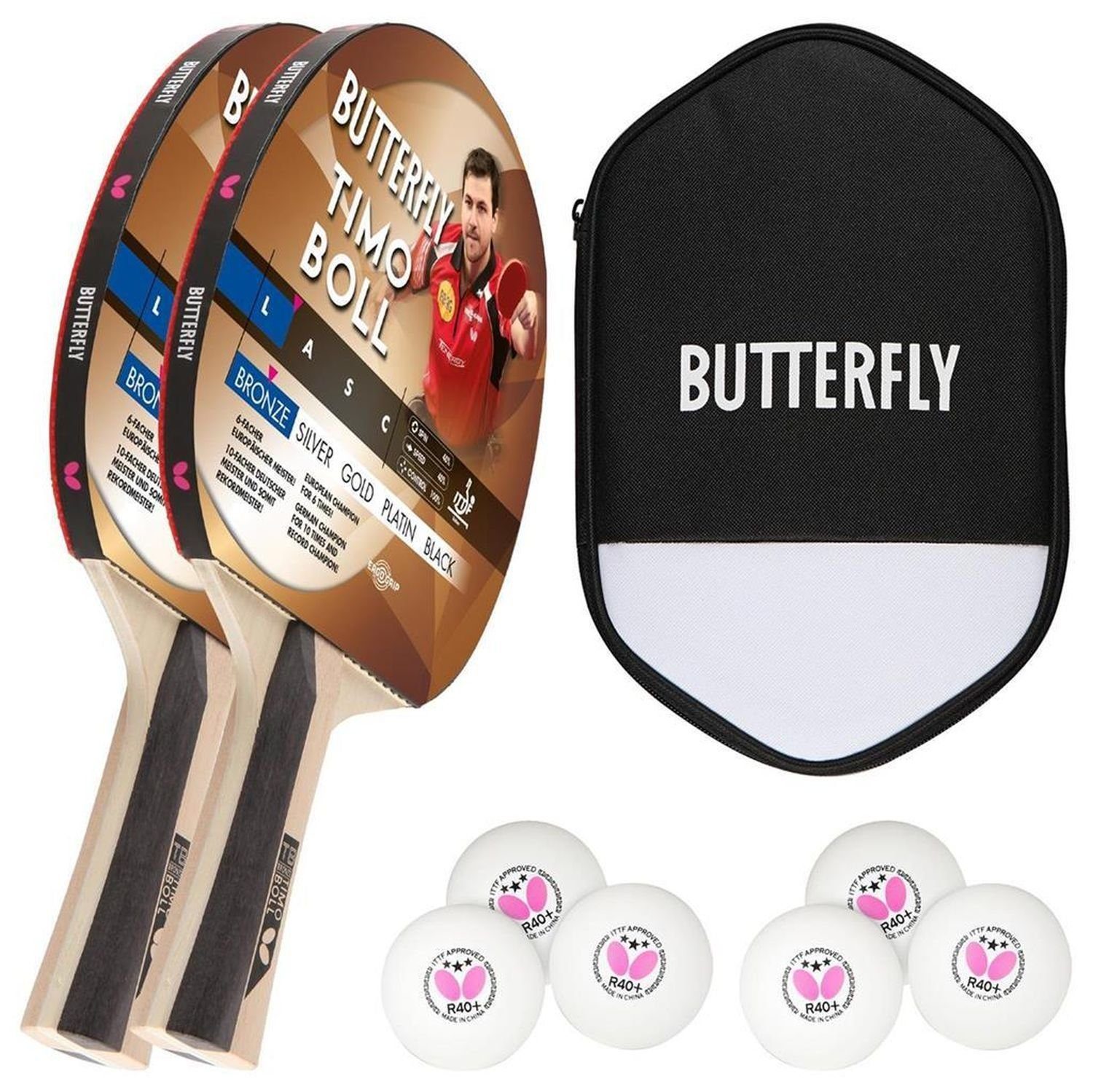 Butterfly Tischtennisschläger 2x Timo Boll Bronze 85011 + Cell Case 2 + Bälle, Tischtennis Schläger Set Tischtennisset Table Tennis Bat Racket