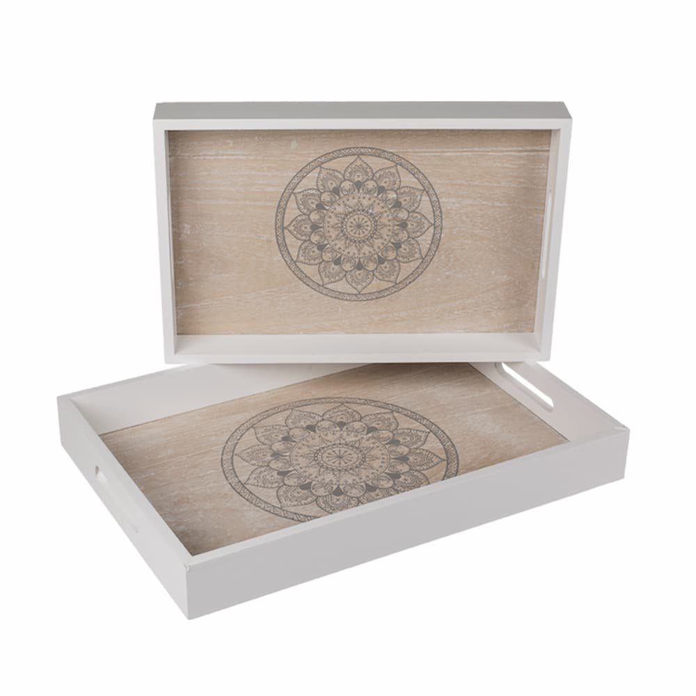 Tablett Weiß/naturfarbenes Holz-Tablett, Mandala