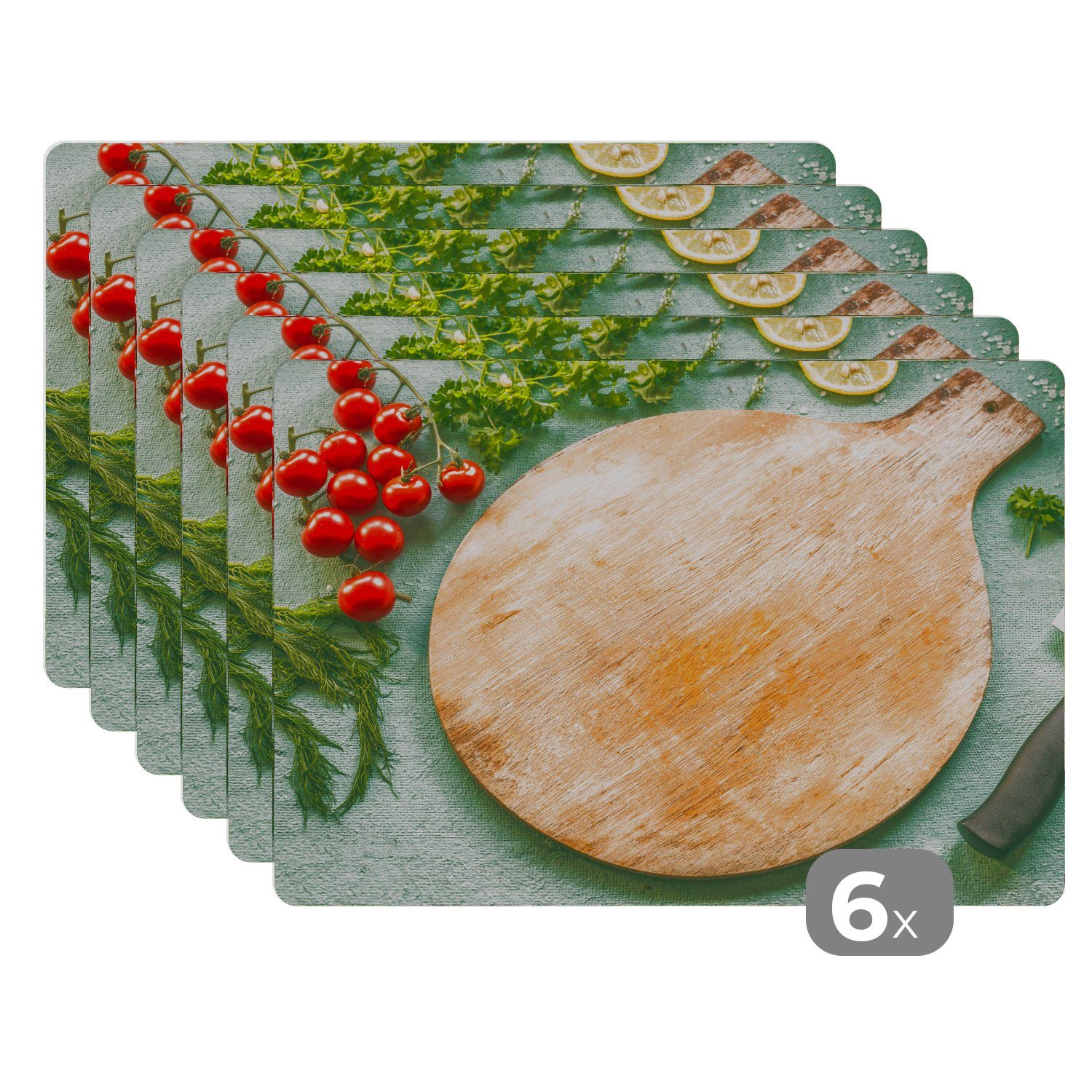 Platzset, Ein rundes Schneidebrett mit allerlei Gemüse drum herum, MuchoWow, (6-St), Platzset, Platzdecken, Platzmatte, Tischmatten, Schmutzabweisend | Tischsets