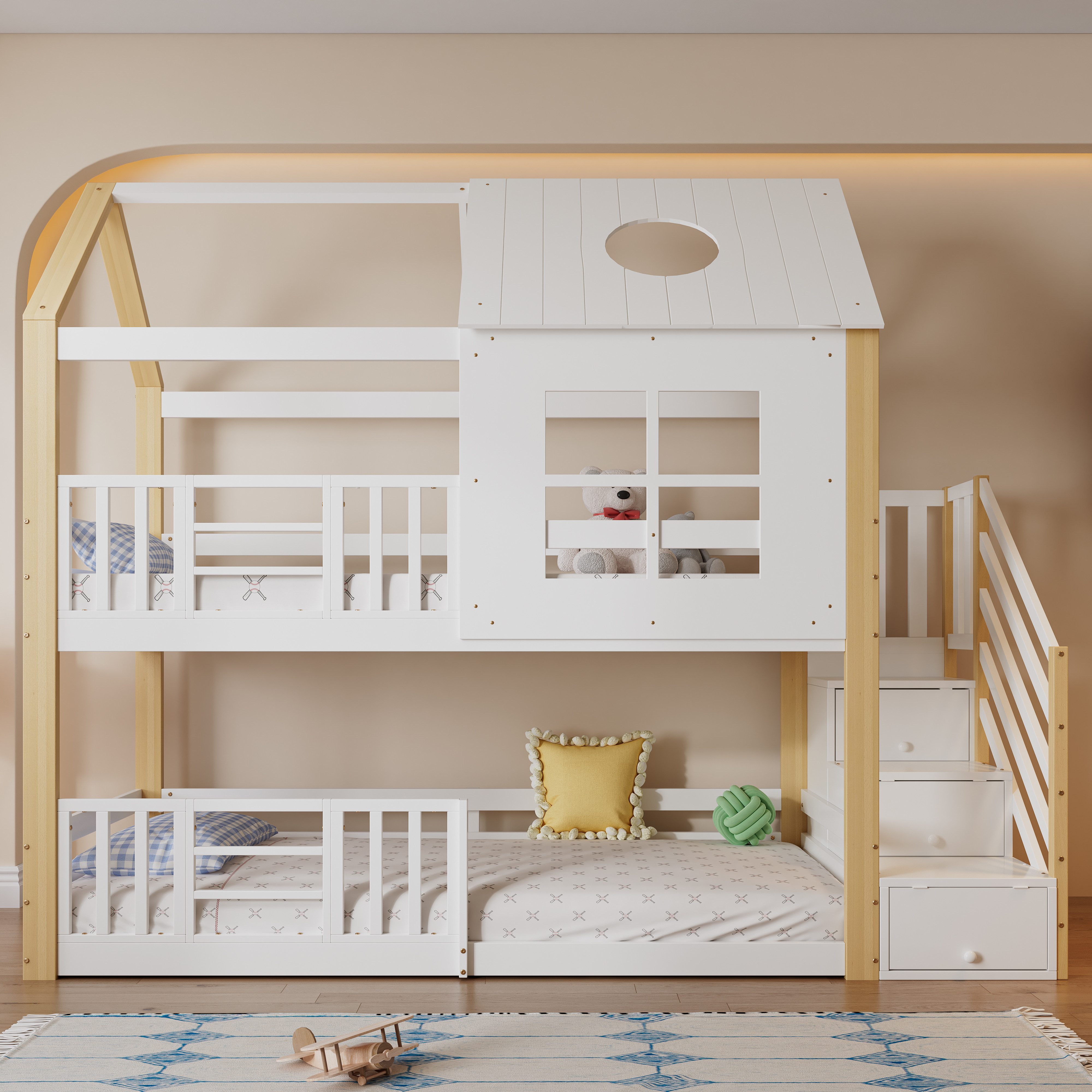 Flieks Etagenbett, Massivholz Hausbett Kinderbett 90x200cm mit Stauraumtrep günstig online kaufen