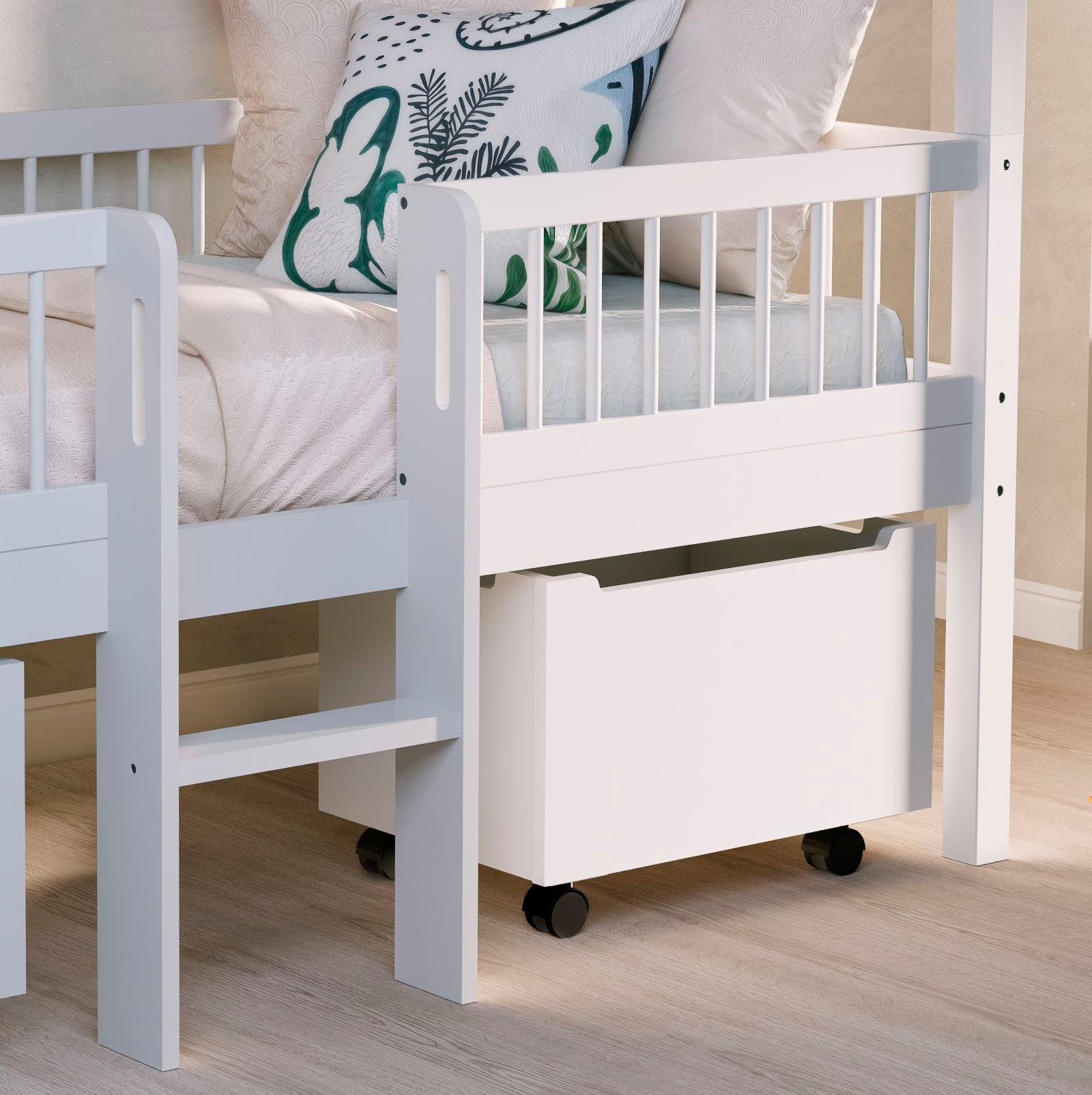 Vipack Hausbett Inkl. Dachaufbau, Leiter und Rolllattenrost, Made in Europe (wahlweise mit und ohne dekorativem Textilhimmel erhältlich), hochwertig und stabil bebaut, Buche massiv weiß lackiert