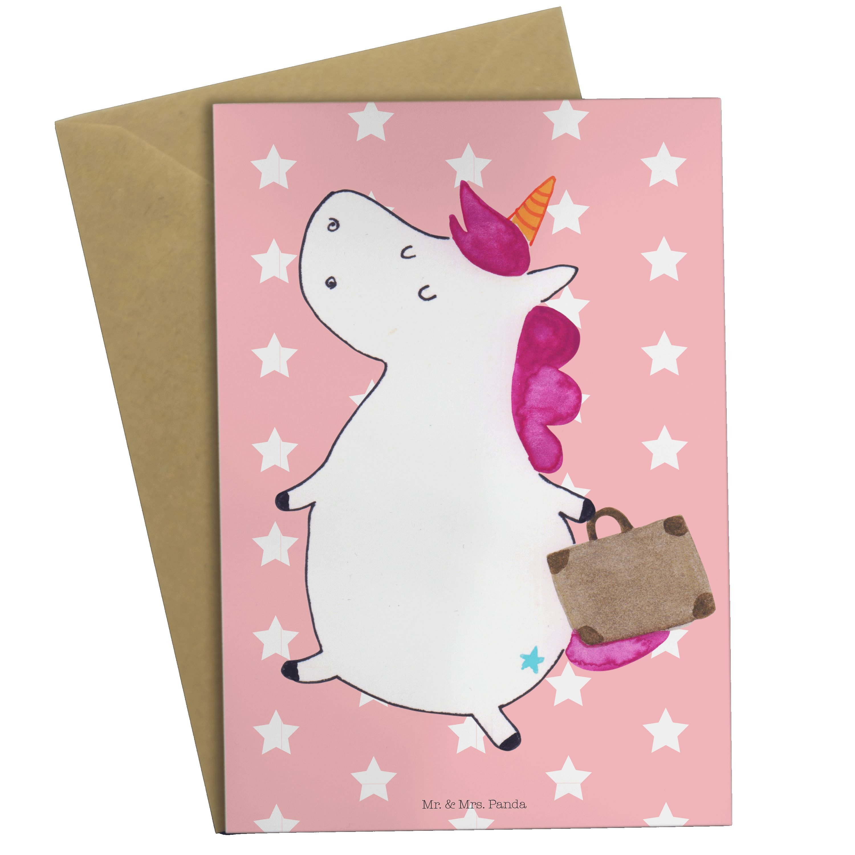 Mr. & Mrs. Panda Grußkarte Einhorn Koffer - Rot Pastell - Geschenk, Einladungskarte, unicorn, Kl
