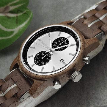 Holzwerk Chronograph GRONAU Herren Holz Armband Uhr mit Datum, braun, silber & schwarz