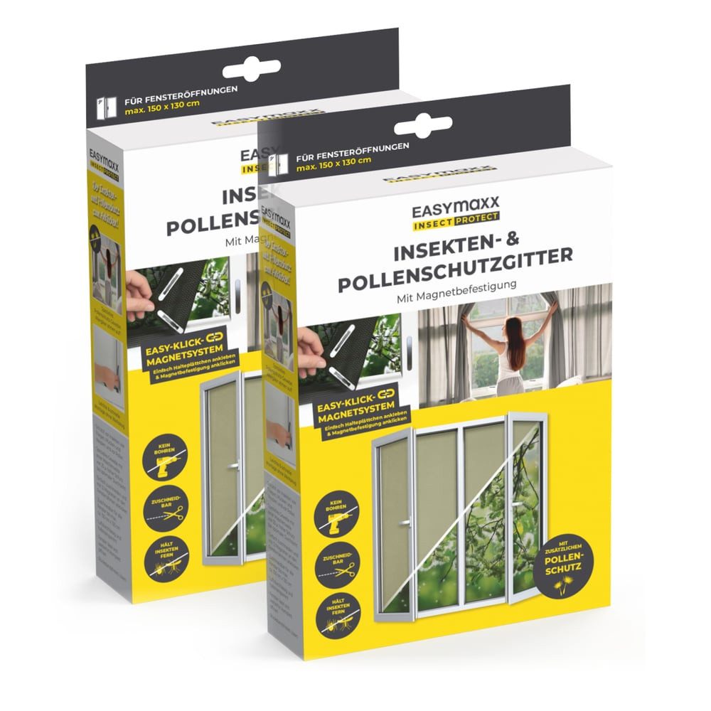 EASYmaxx Insektenschutz-Fensterrahmen Insect Protect Insekten- & Pollenschutzgitter 150 x 130 cm, (2-St), Moskitonetz zuschneidbar, Einfache Montage mit 12 Magneten