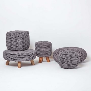 Homescapes Pouf Großer Strickpouf 100% Baumwolle, grau