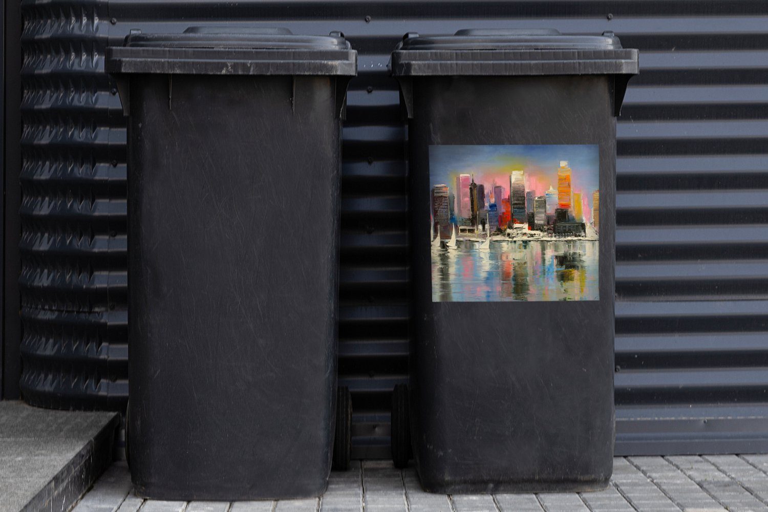 MuchoWow Wandsticker Gemälde - Mülleimer-aufkleber, Sticker, St), Skyline Wasser Container, - Abfalbehälter (1 - Öl Mülltonne