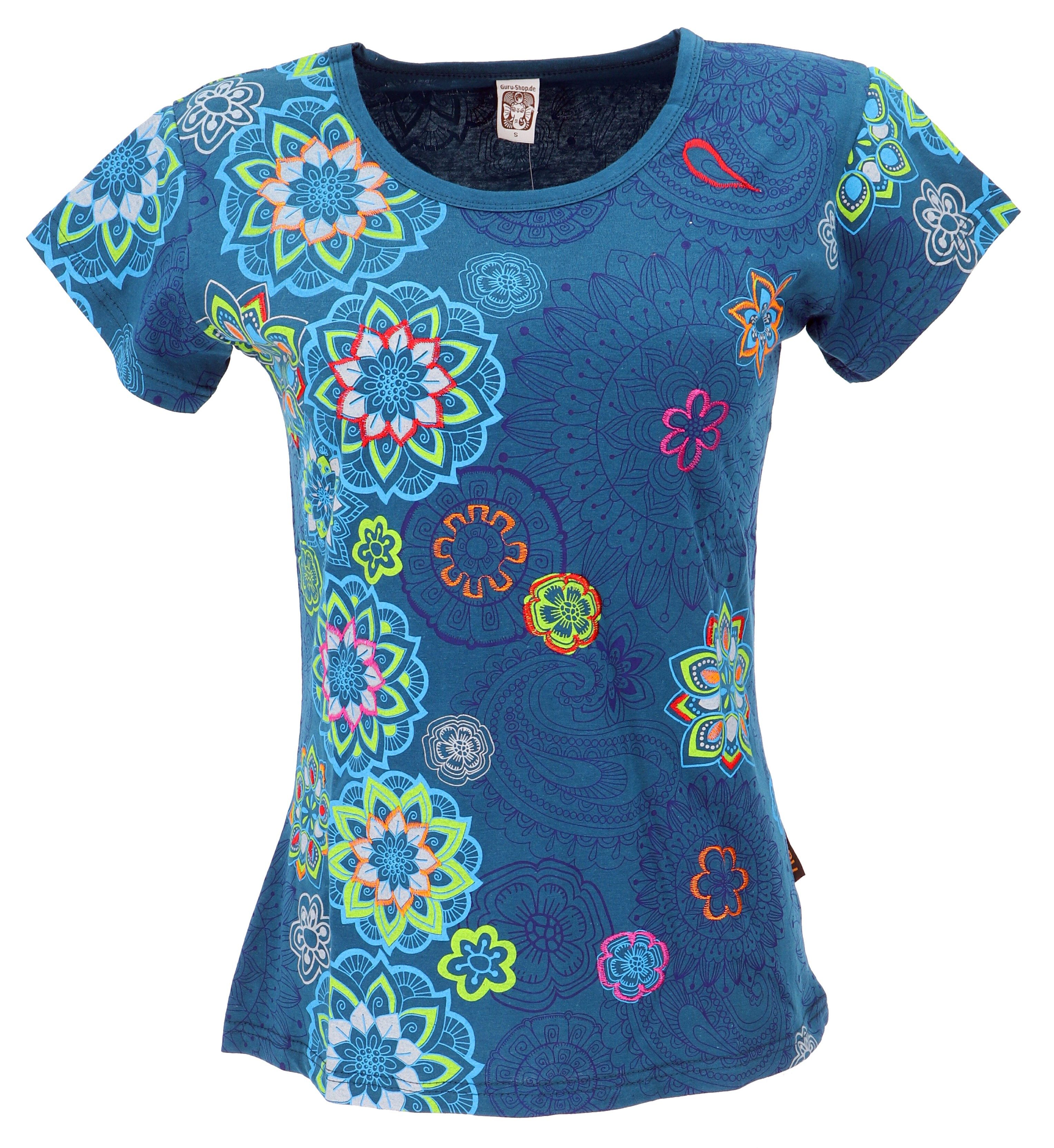 T-Shirt Boho T-Shirt mit Stickerei und Druck, Baumwoll..