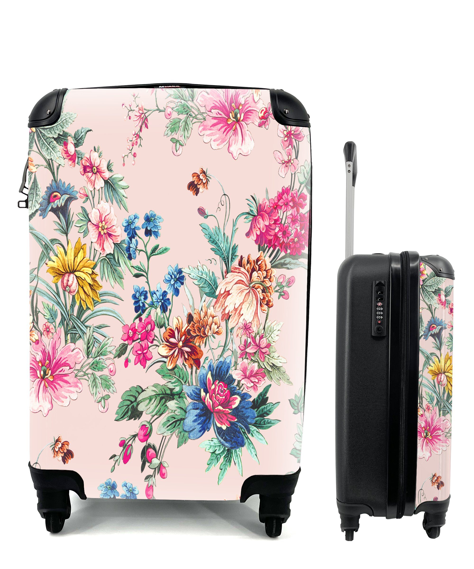 Reisetasche Ferien, Vintage, Reisekoffer - Rollen, Blumen Pastell MuchoWow Trolley, - Handgepäckkoffer rollen, mit Handgepäck 4 für