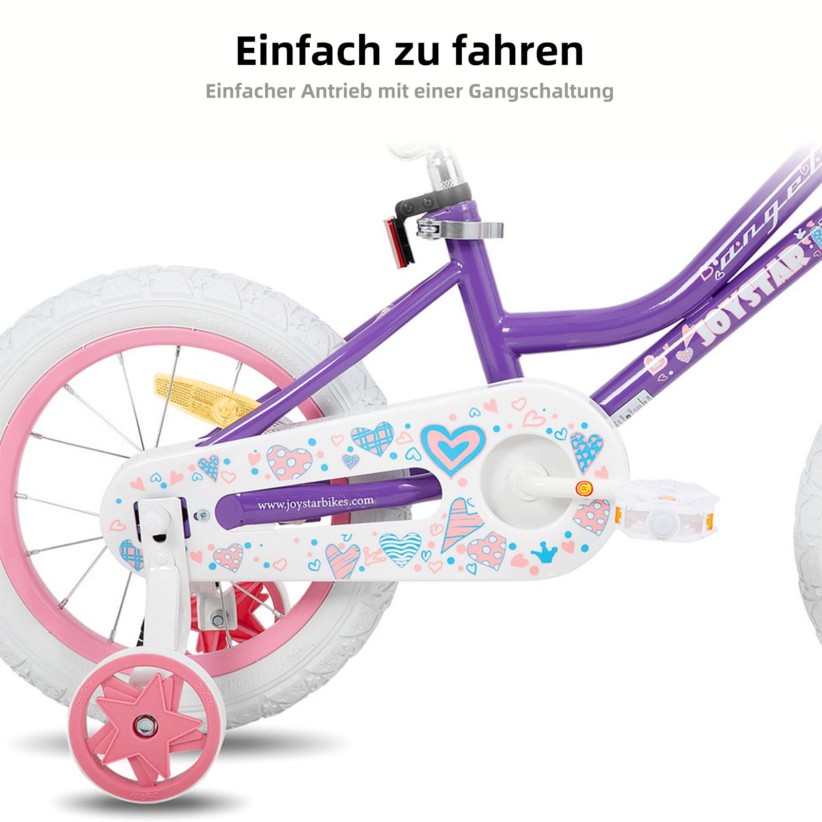 JOYSTAR Kinderfahrrad 12 14 16 18 Zoll Mädchenfahrrad, 2 - 9 Jahre,Geschenk für Prinzessin, 1 Gang, Mit Hilfsrädern, farbigen Bändern, Korb, Reflektor, Kettenab – Bild 4 von 5