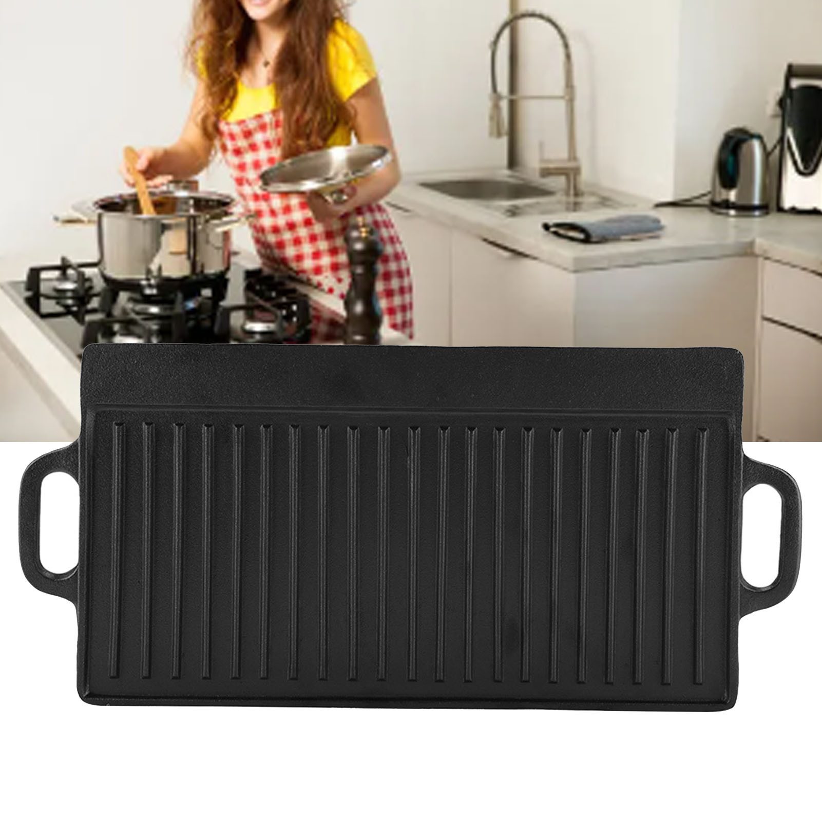 GARRYFIZH Grillpfanne Gusseisen Grillplatte Wendeplatte Induktion Rechteckig, Beidseitig nutzbar, Vorgebrannt, Plancha, Teppanyaki