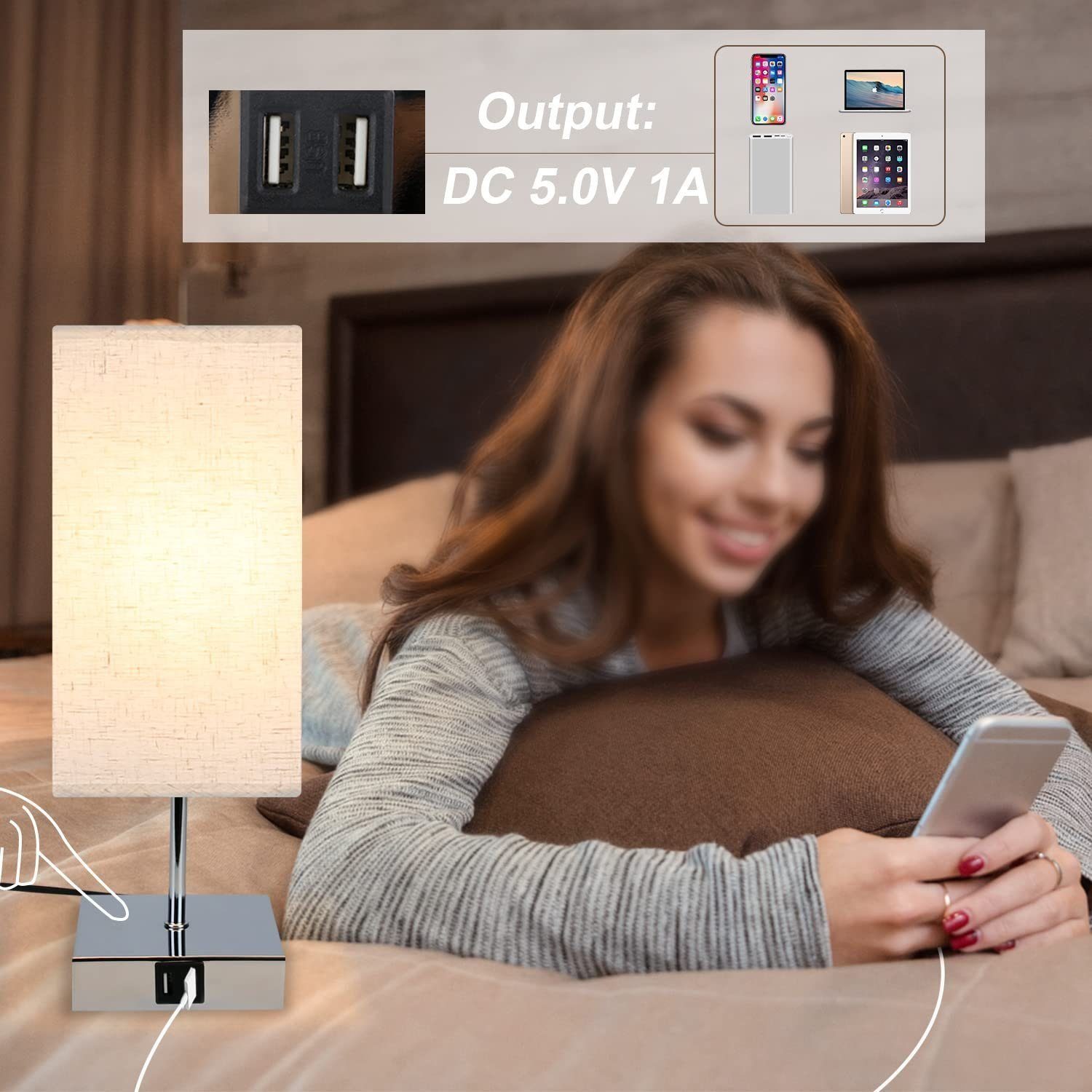 Nettlife Nachttischlampe Touch Dimmbar Warmweiße Tischleuchte für Schlafzimmer Stufenlosem, mit Ladefunktion USB, LED wechselbar, für Schlafzimmer kinderzimmer  – Bild 4 von 5