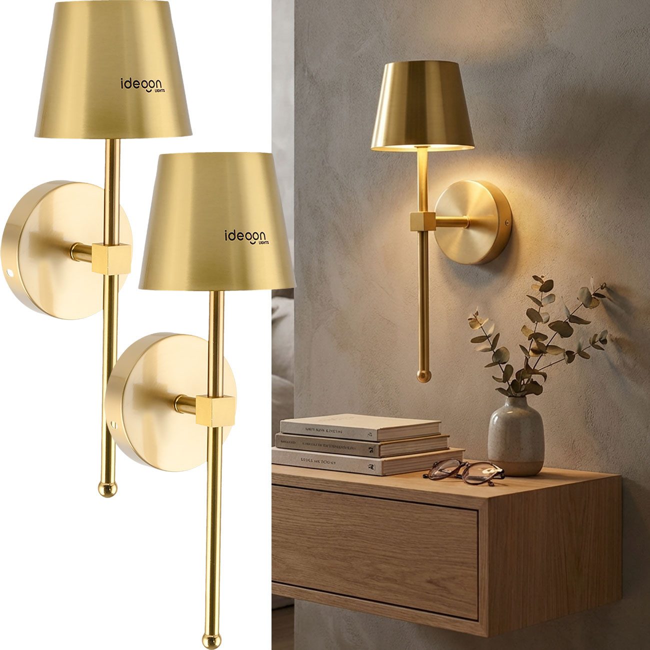 shop'n smile ideoon LED Wandleuchte Kabellose LED Wandleuchte Akku dimmbar Timer & Touch-Sensor GOLD, 44 hochwertige LEDs, Warmweiss Neutralweiss Kaltweiss, 3-stufig dimmbar/Ladezeit ca. 5–6 Std./Ø 11xH35cm