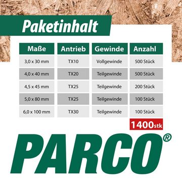 PARCO Schrauben- und Dübel-Set Spanplattenschrauben Sortiment 1400 Stück