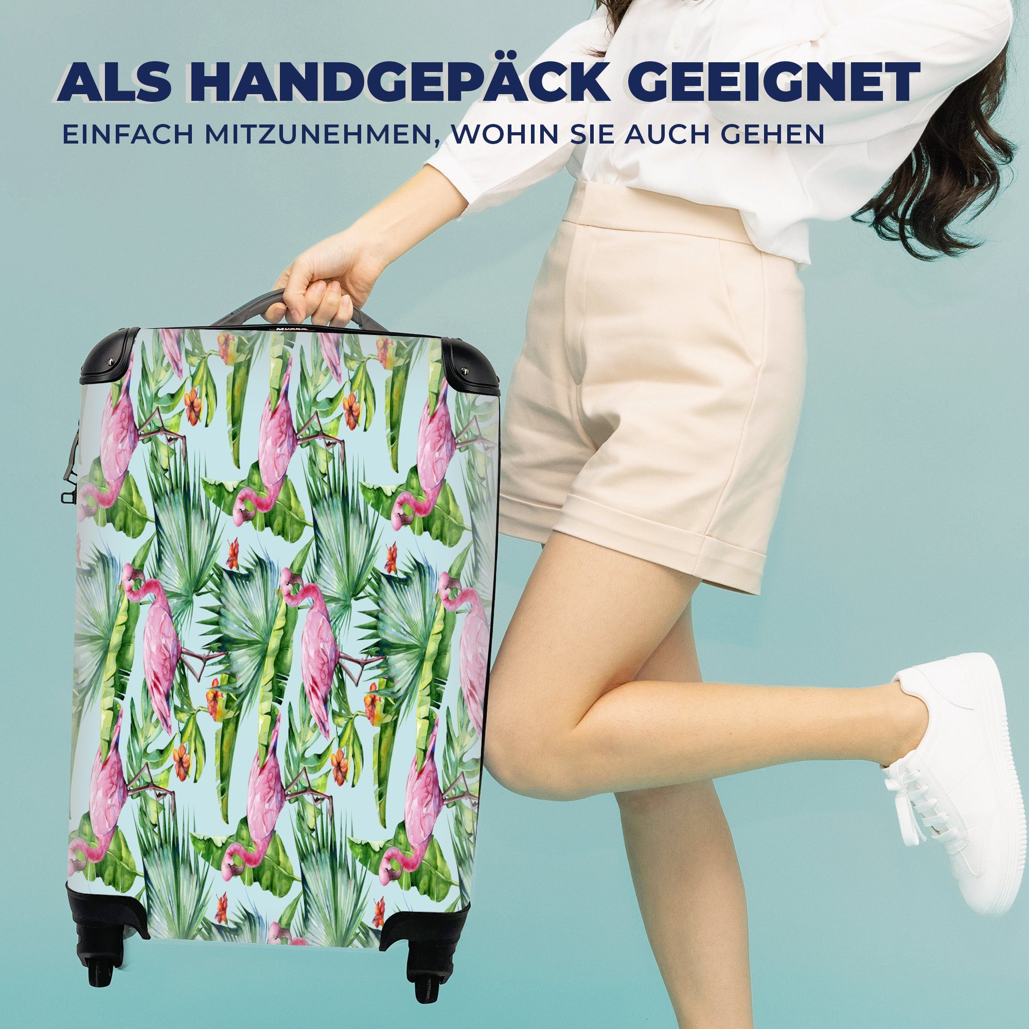 - Handgepäckkoffer mit für Rosa, MuchoWow - Reisekoffer 4 Rollen, Hibiskus rollen, Reisetasche Ferien, Flamingo Handgepäck Blumen - Trolley,