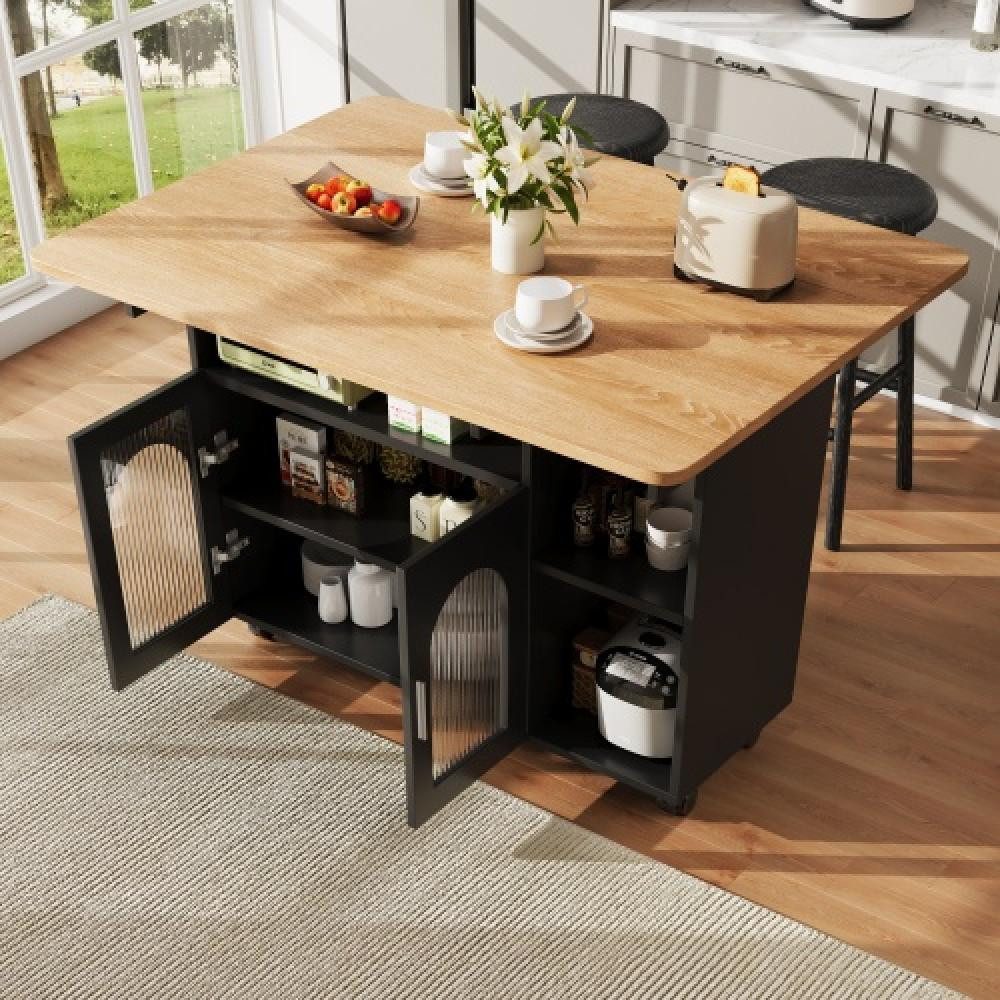 BBWL Buffet Kücheninsel modern mit klappbarem Esstisch, Küchenschrank MDF Glas, multifunktional mit Stauraum