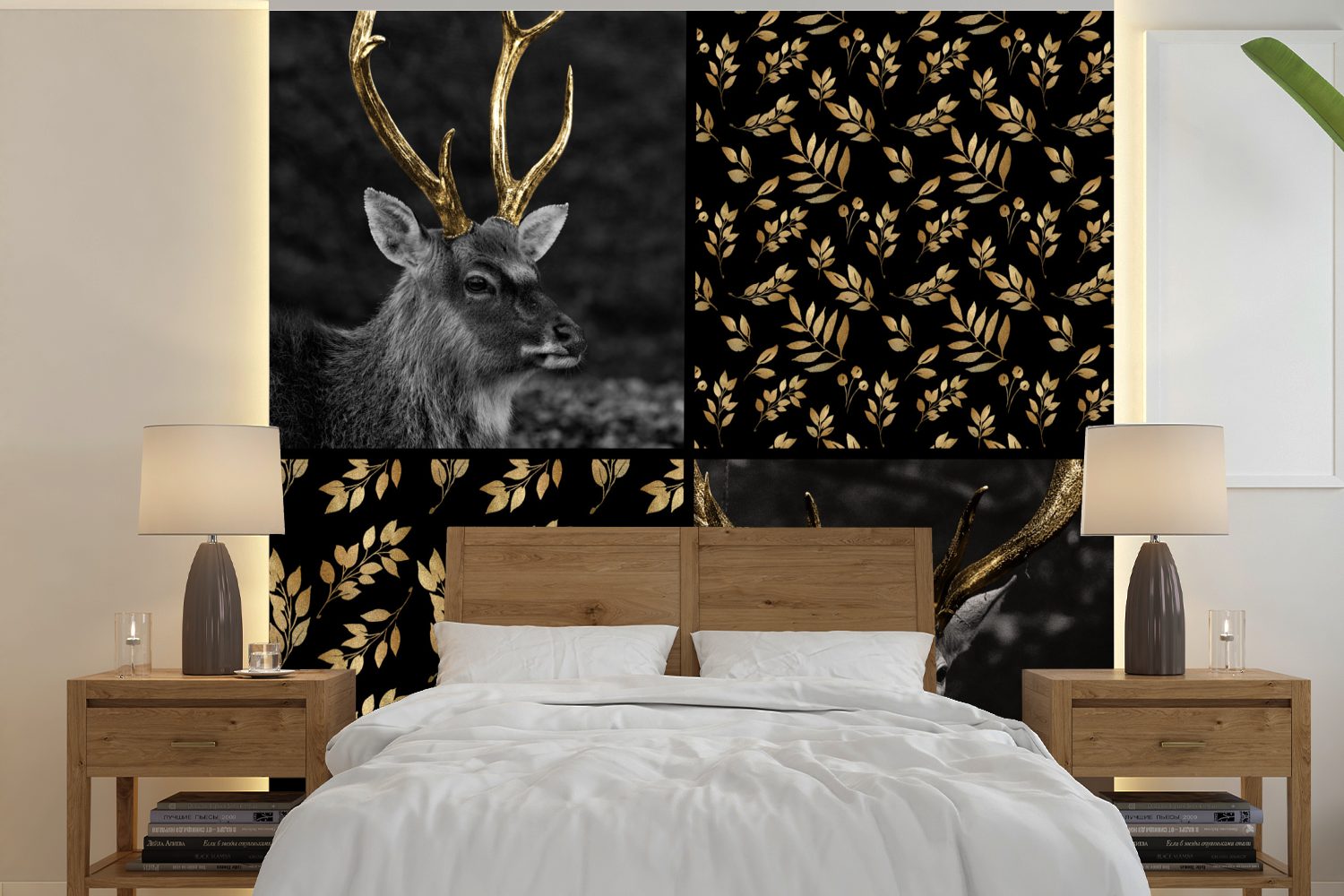 MuchoWow Fototapete Collage bedruckt, für (5 Tapete Blätter Schlafzimmer, Tiere - Vinyl - Matt, St), - oder Gold, Wohnzimmer Wandtapete