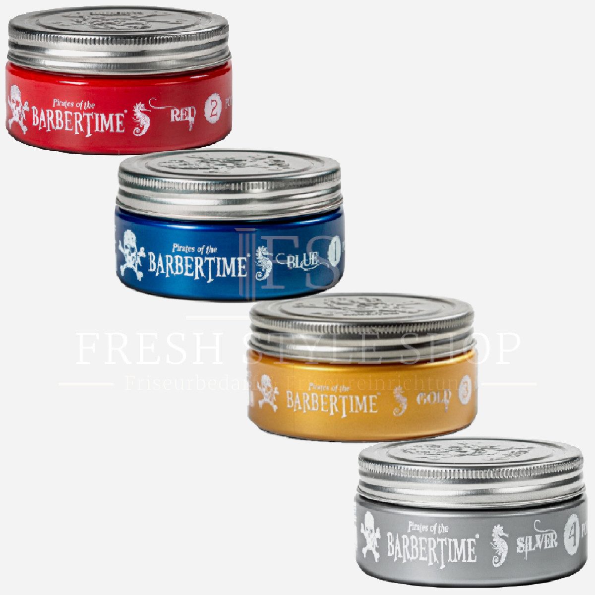BARBERTIME Haarwachs 4er Mix Haarpomade Hair Pomade 150ml Red / Blue / Gold / Silver, 4-tlg.