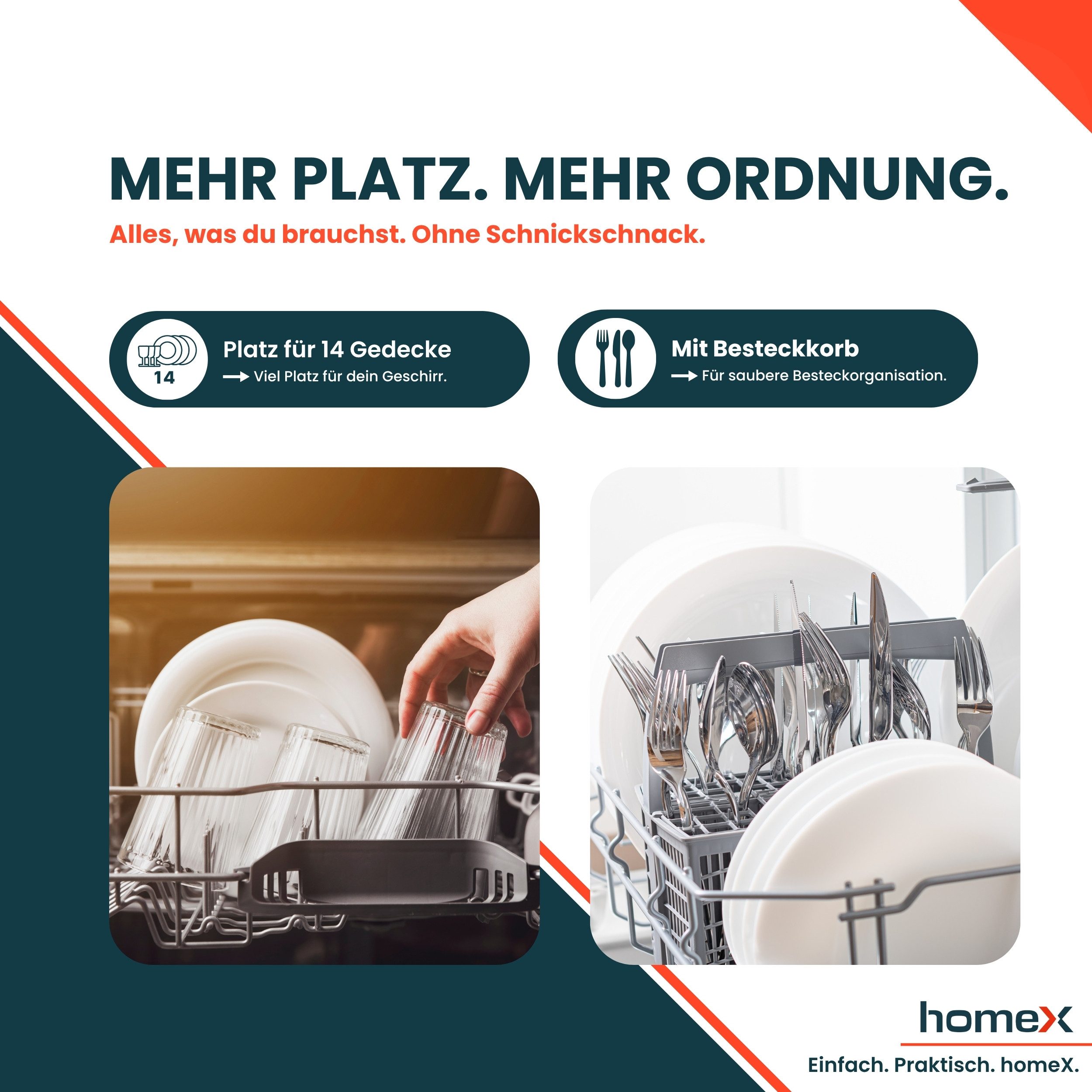 homeX teilintegrierbarer Geschirrspüler DWSI601449E, 12 l, 14 Maßgedecke, Einbau Spülmaschine teilintegriert 60 cm, 6 Programme, AquaStop, 49 dB