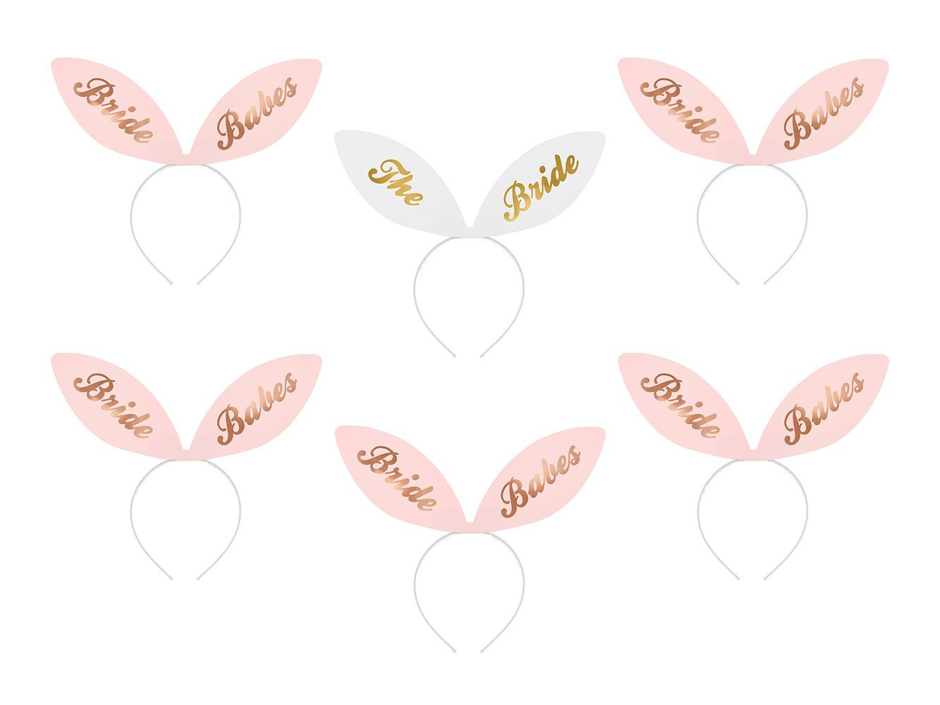 partydeco Haarreif, Haarreif mit Ohren für JGA Bride / Bride Babes 6er Set weiß gold rosa