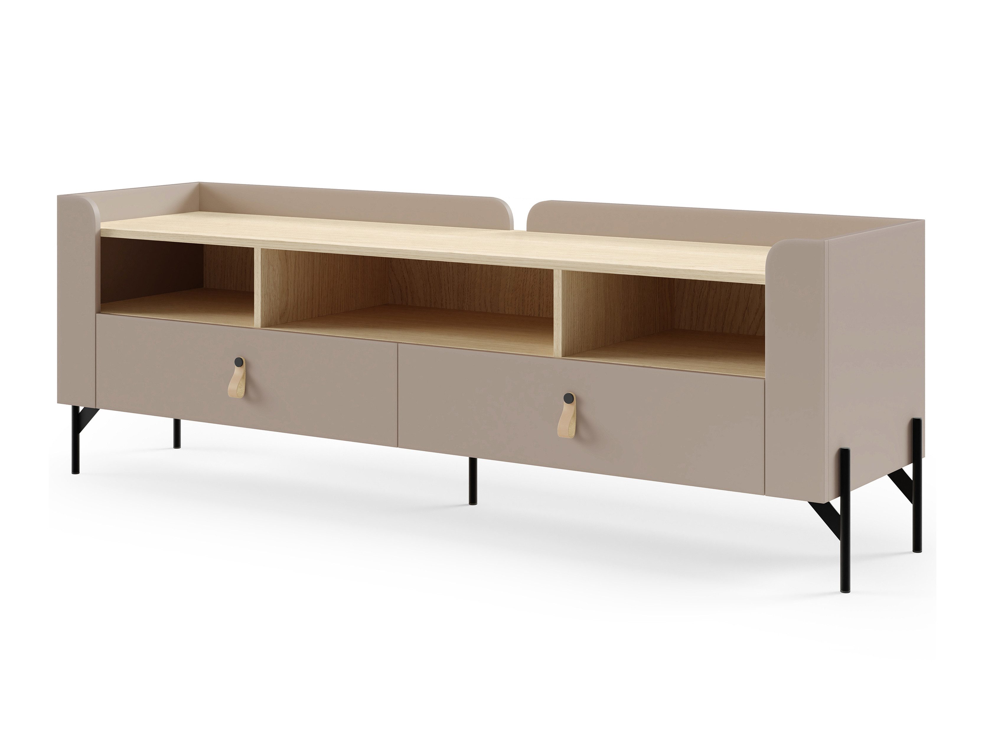 Beautysofa TV-Schrank SORELLA mit 2 Schubladen, 160 cm (modernes Lowboard mit 3 offenen Fächern, Metallfüßen und Designergriffen aus Leder) Porcini oder Macadamia mit Eiche Mavelie