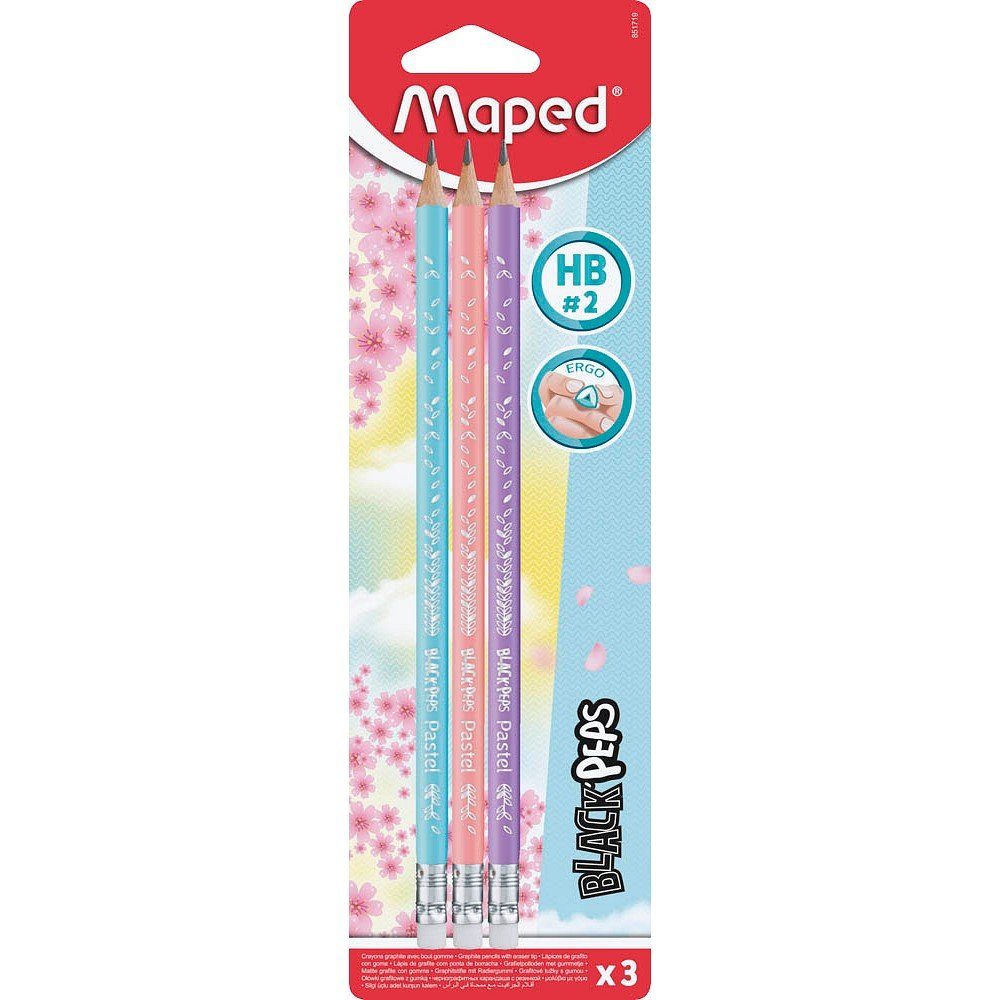 MAPED maped BLACK'PEPS Bleistifte HB rose, hellblau, flieder mit Radierer 3 Tintenpatrone