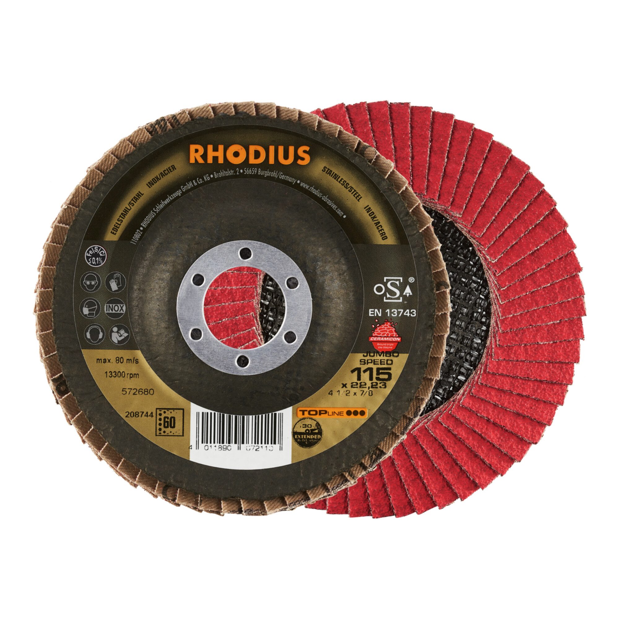 Rhodius Schleifscheibe RHODIUS TOPline JUMBO SPEED EXTENDED Fächerschleifscheibe 115 x 22,23