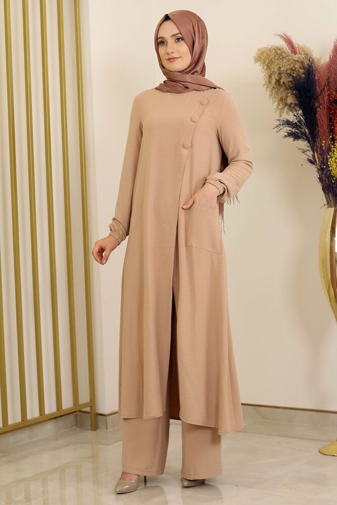 Hose Longtunika Zweiteiler Modavitrini Stoff Damen Anzug Kleidung Aerobin mit Tunikakleid Hijab Beige