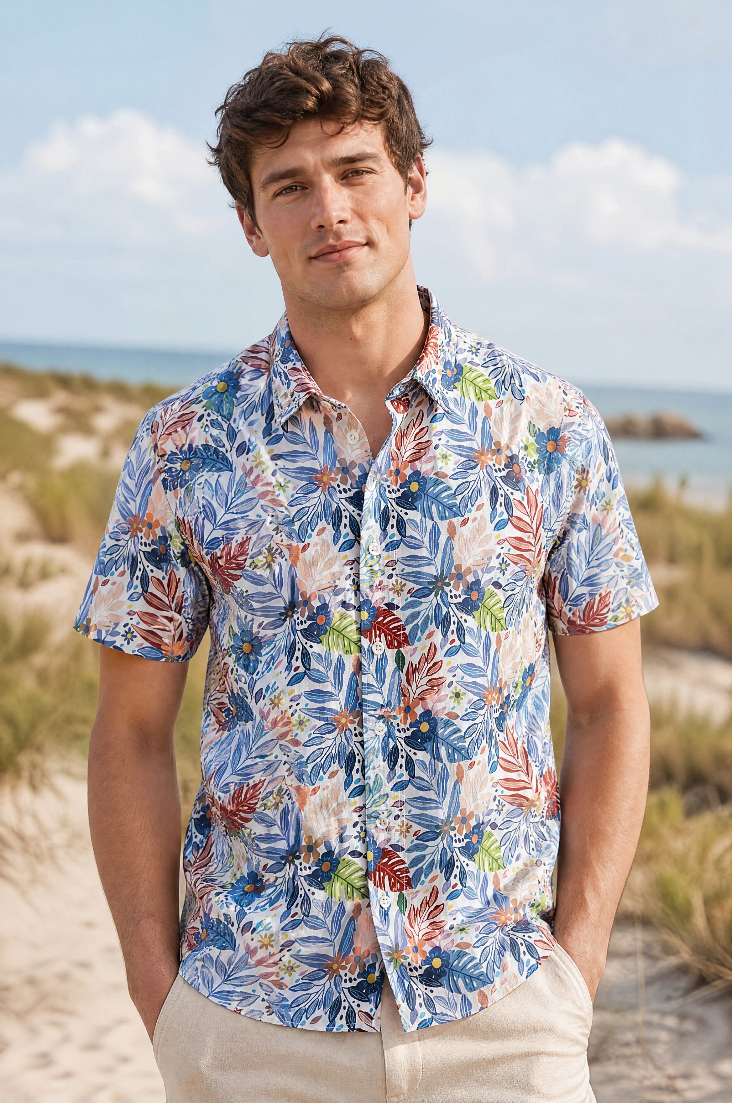 Haupt Kurzarmhemd Modern Fit Kurzarm Baumwoll-Herrenhemd mit Blumenprint Multicolor