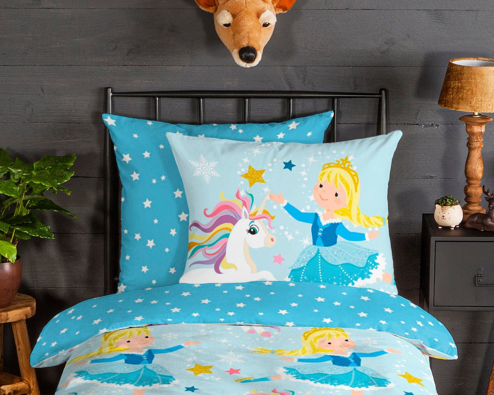 good morning Kinderbettwäsche Iceprincess, Biber, Flanell, 2 teilig, Biber, 135x200, Warm, Weich, Wende, Reißverschluss, Mädchen, Einhorn – Bild 3 von 5