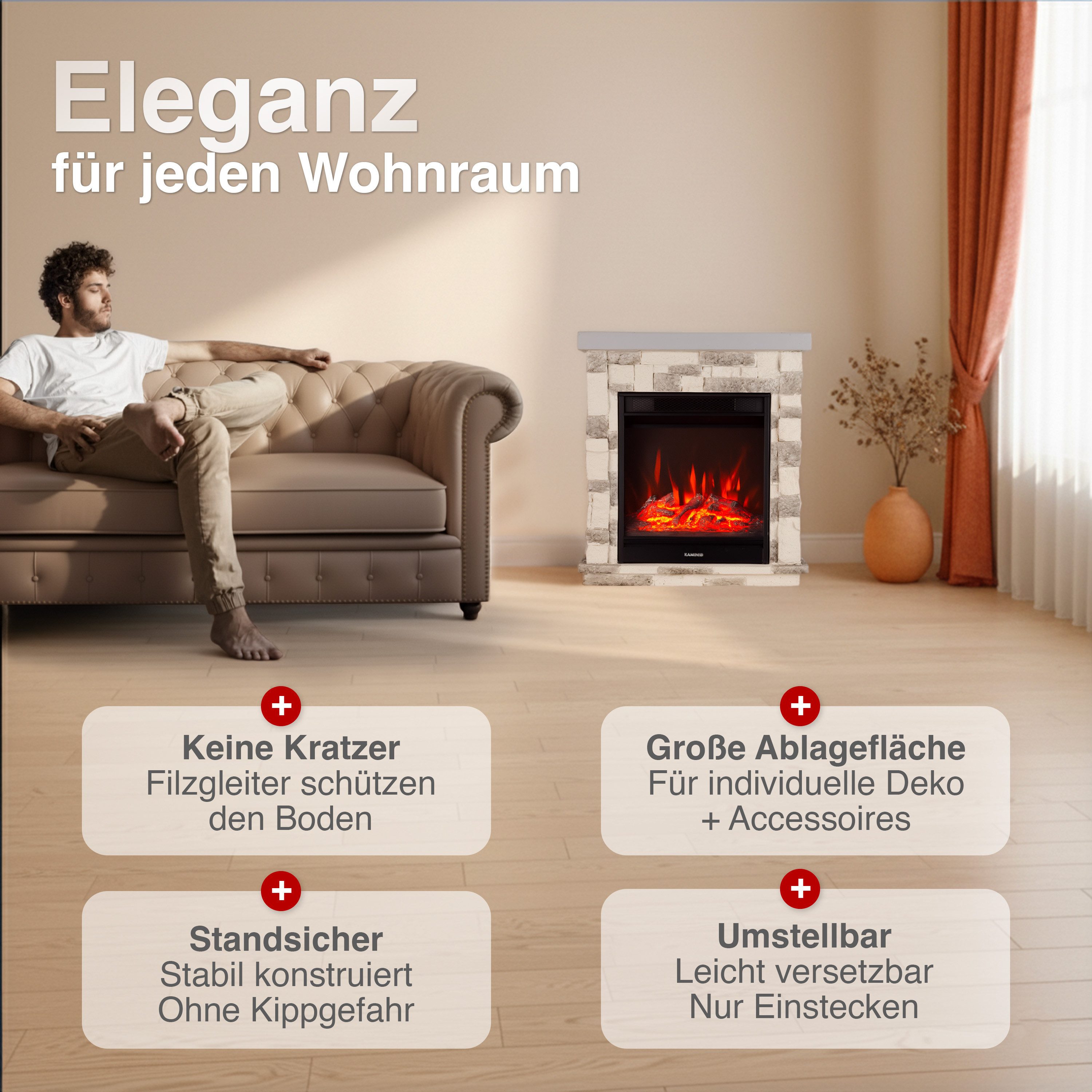 KAMINIO Elektrokamin JUAN, Elektrischer Kamin mit 3D-Flammeneffekt, Heizung 1800W