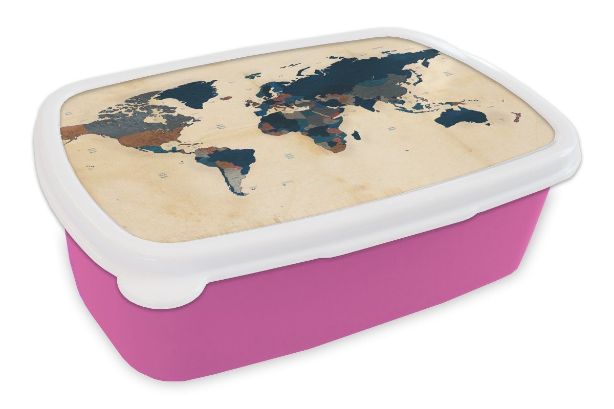 MuchoWow Lunchbox Weltkarte - Vintage - Papyrus - Kinder - Jungen - Mädchen, Kunststoff, (2-tlg), Brotbox für Erwachsene, Brotdose Kinder, Snackbox, Mädchen, Kunststoff rosa