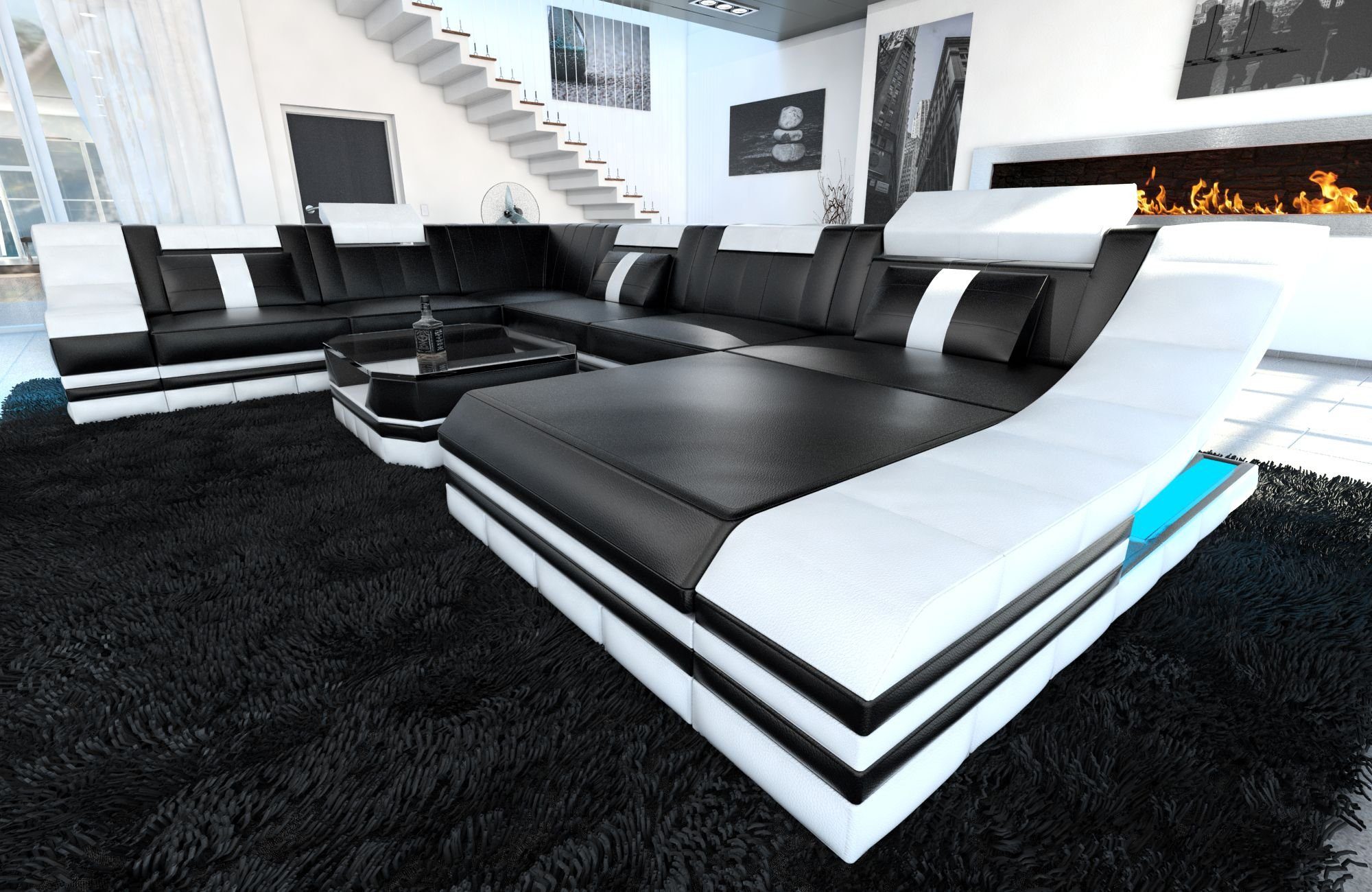 Sofa Dreams Wohnlandschaft Ledercouch Sofa Leder Turino XXL U Form Ledersofa, Couch, mit LED, wahlweise mit Bettfunktion als Schlafsofa, Designersofa