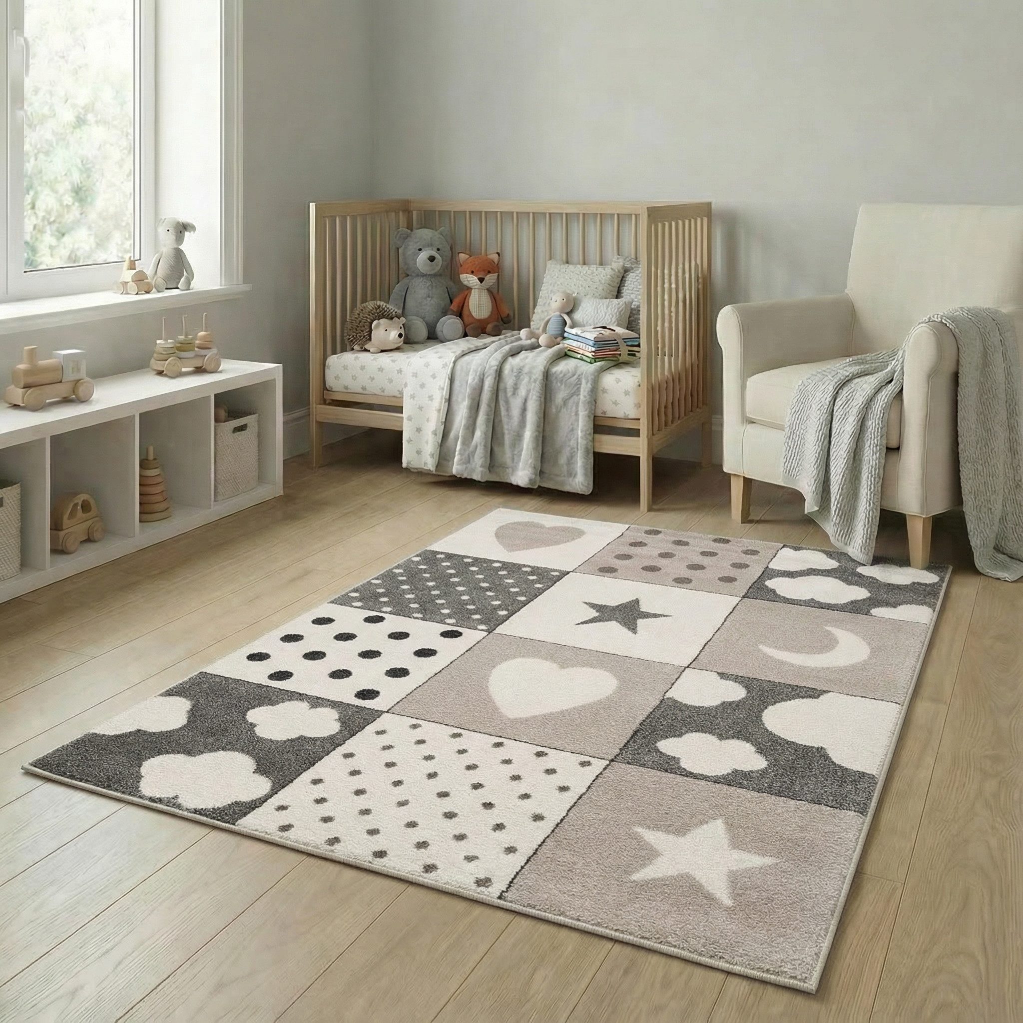 Jimri Kinderteppich Happy Friends Teppich für Kinderzimmer, Kinderteppich Bär Hase Panda, Läufer