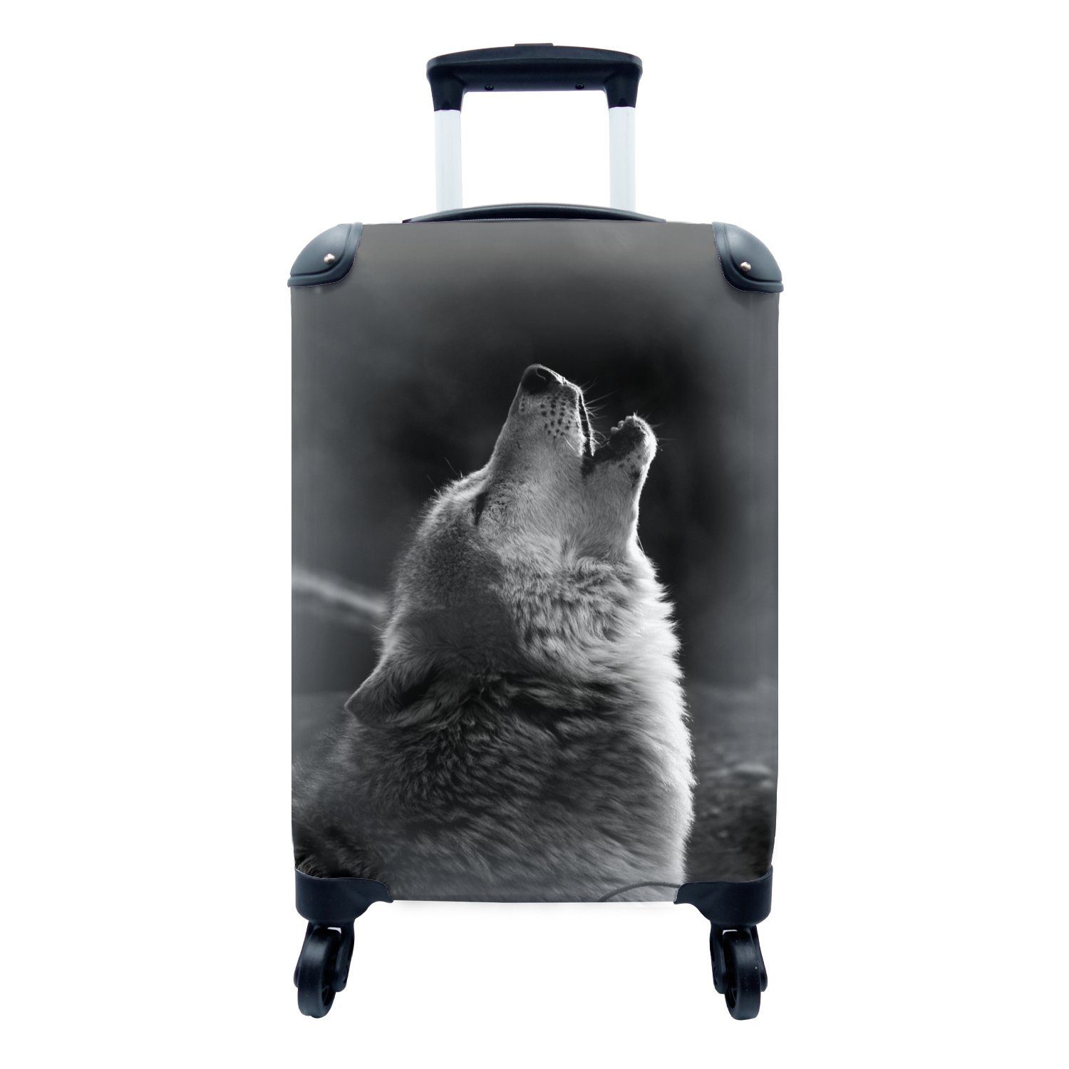MuchoWow Handgepäckkoffer Heulender grauer Wolf - schwarz und weiß, 4 Rollen, Reisetasche mit rollen, Handgepäck für Ferien, Trolley, Reisekoffer