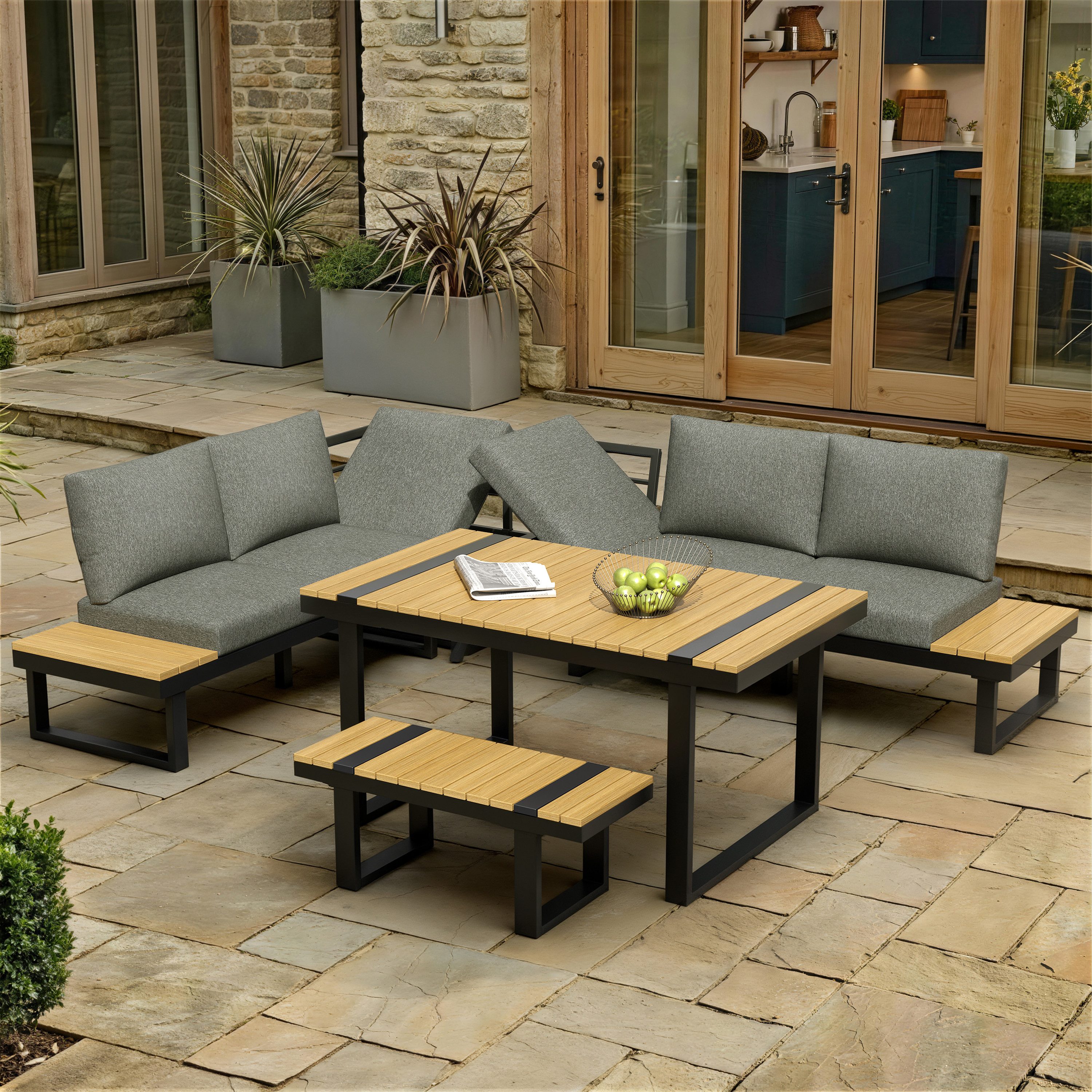 Celya Gartenlounge-Set Garten-Essgruppe,Gartenmöbel-Set, Eckstellung, (verzinktes Stahlrohr, grau+schwarz, Tischplatte Kunststoff-Holz, Beinhaltet Esstisch, Bank und Sofa), mit verstellbarer Neigefunktion (5-stufig, bis 55)
