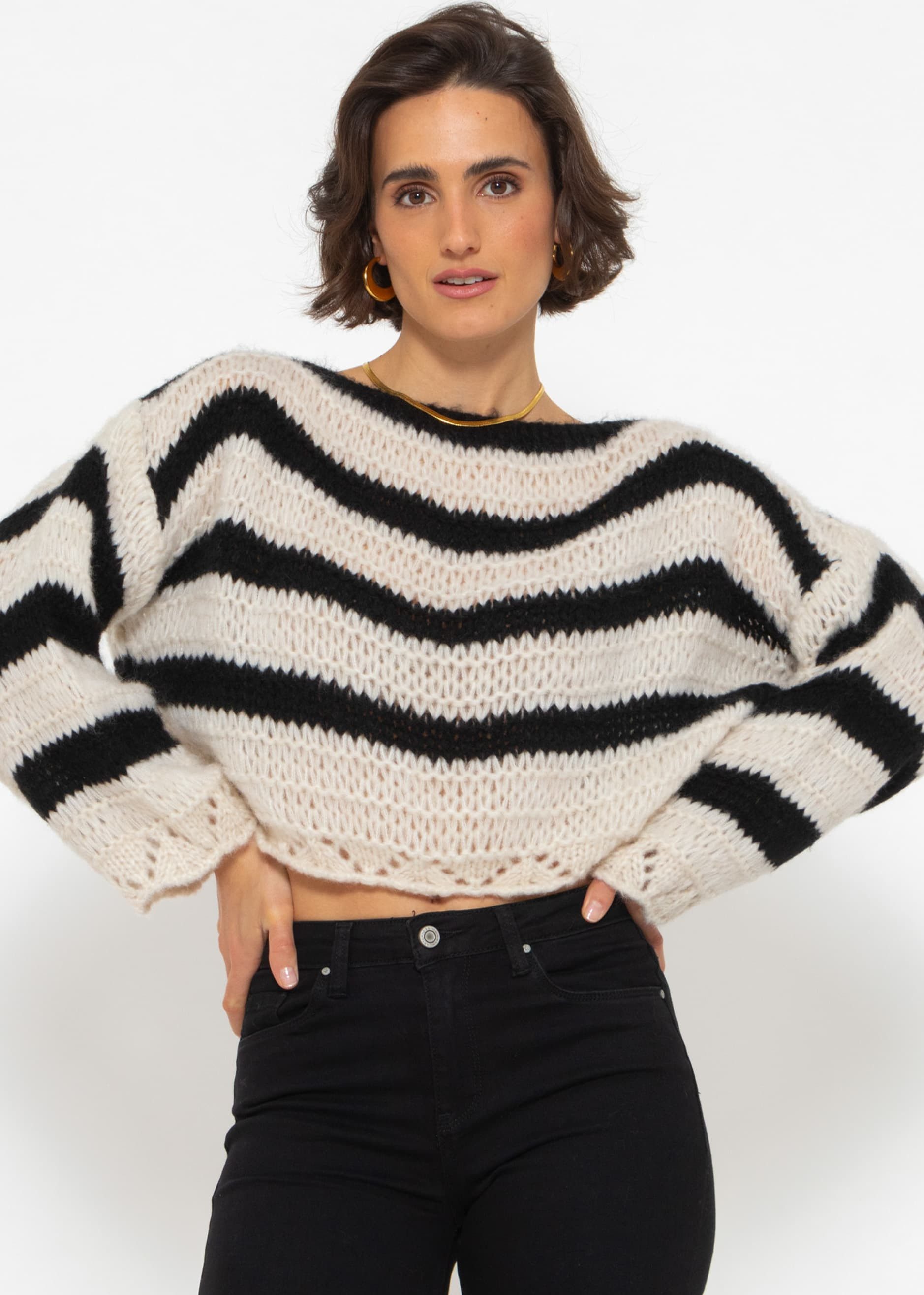 SASSYCLASSY Streifenpullover Oversize Pullover mit Streifen Grobstrickpullover mit weiten Ärmeln und Ajour-Abschlüssen