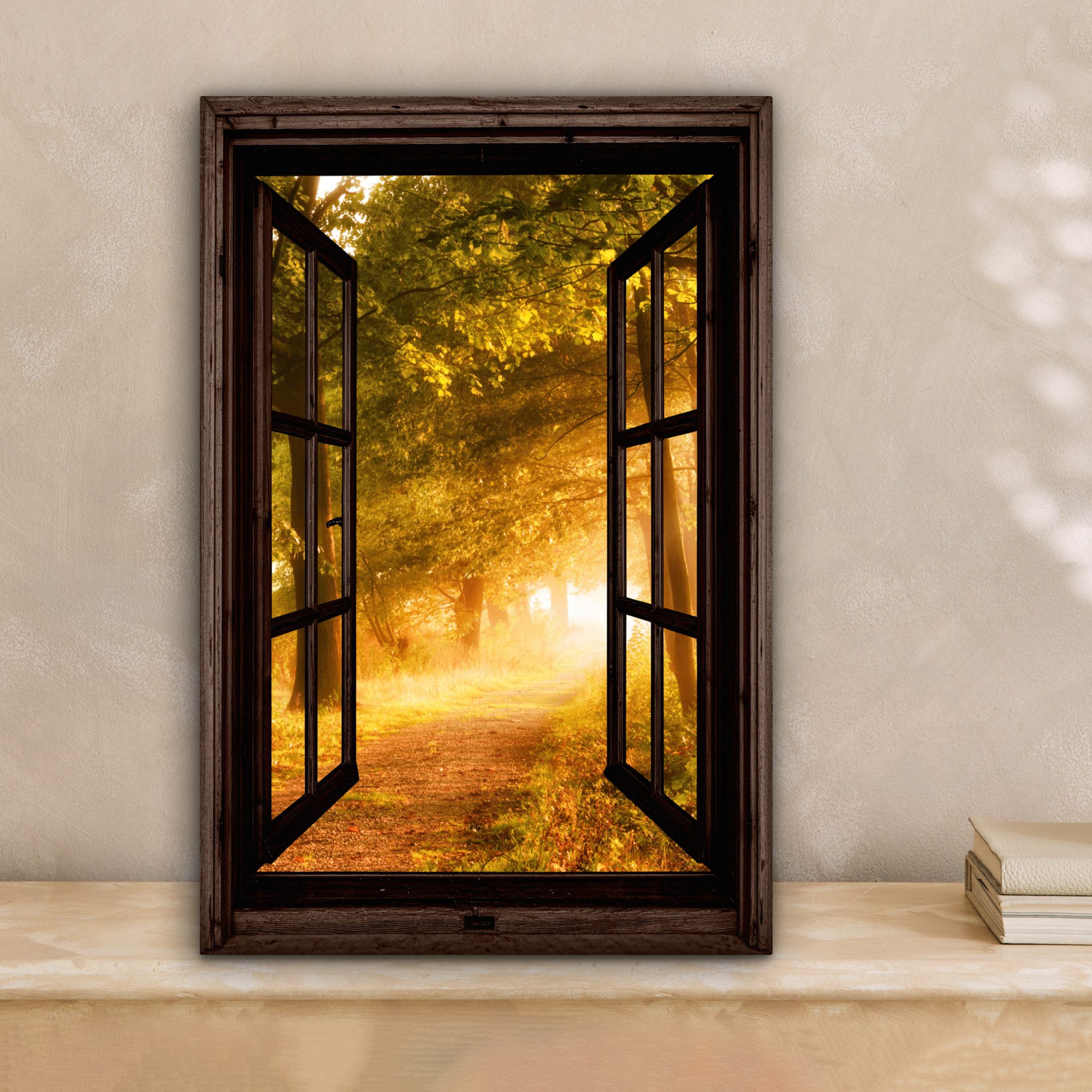 OneMillionCanvasses® Leinwandbild Wald - Bäume - Sonnenlicht - Herbst - Weg günstig online kaufen